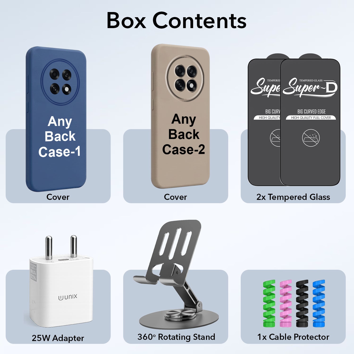 Complete Mobile Care Kit (Get Any 2 Cases+2 Tempered Glass+25W Charger Adapter+Metallic Mobile Stand+Cable Protector)