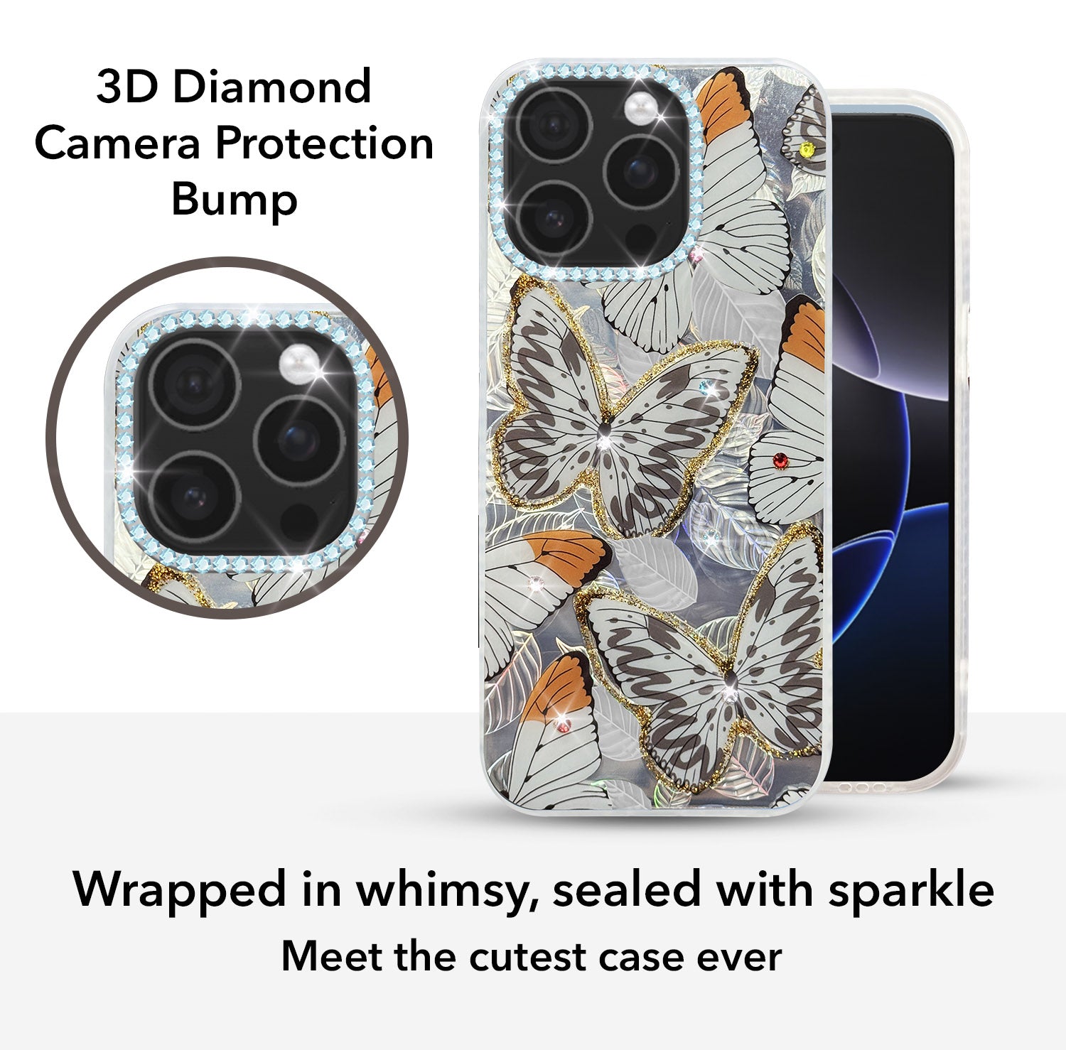 For iPhone 16 Pro Max Back Cover Case (Luxury Floral Glitter Cute Butterfly | Diamond Studded Camera Bump | Girls & Women Design)