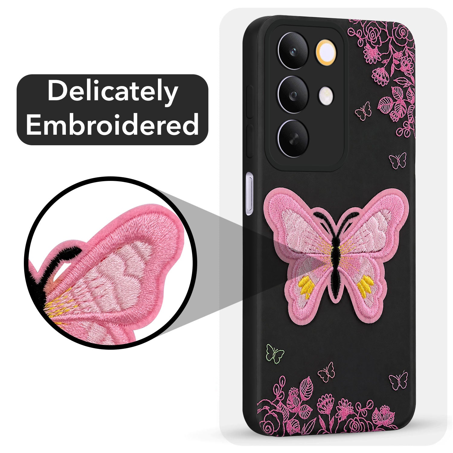 For Realme C85 5G | Realme Narzo 90x Back Cover Case (Soft Butterfly Embroidery | Women Teen Girls | Camera Protection| Matte Silicone)