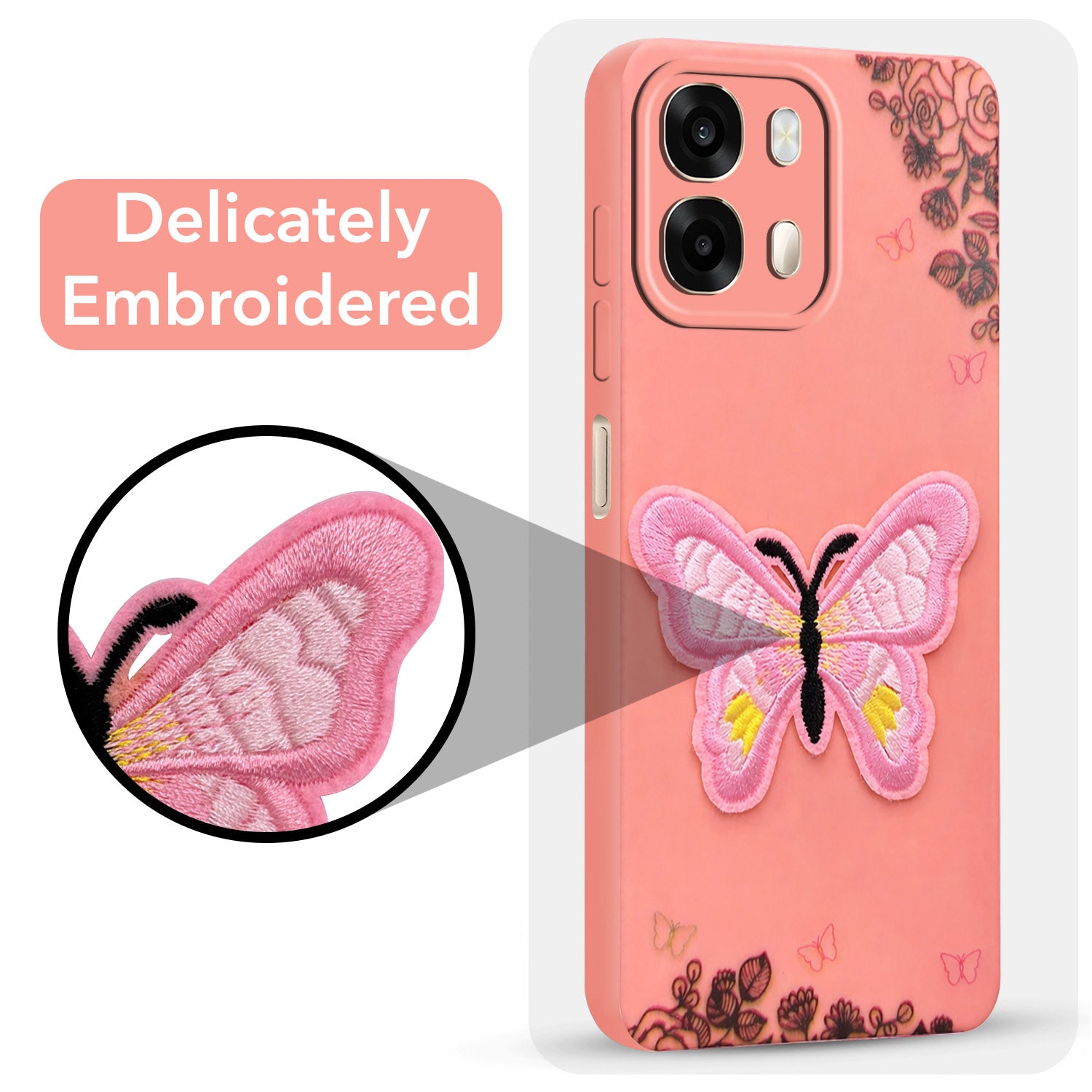 For Oppo A6 Pro Back Cover Case (Soft Butterfly Embroidery | Women Teen Girls | Camera Protection| Matte Silicone)