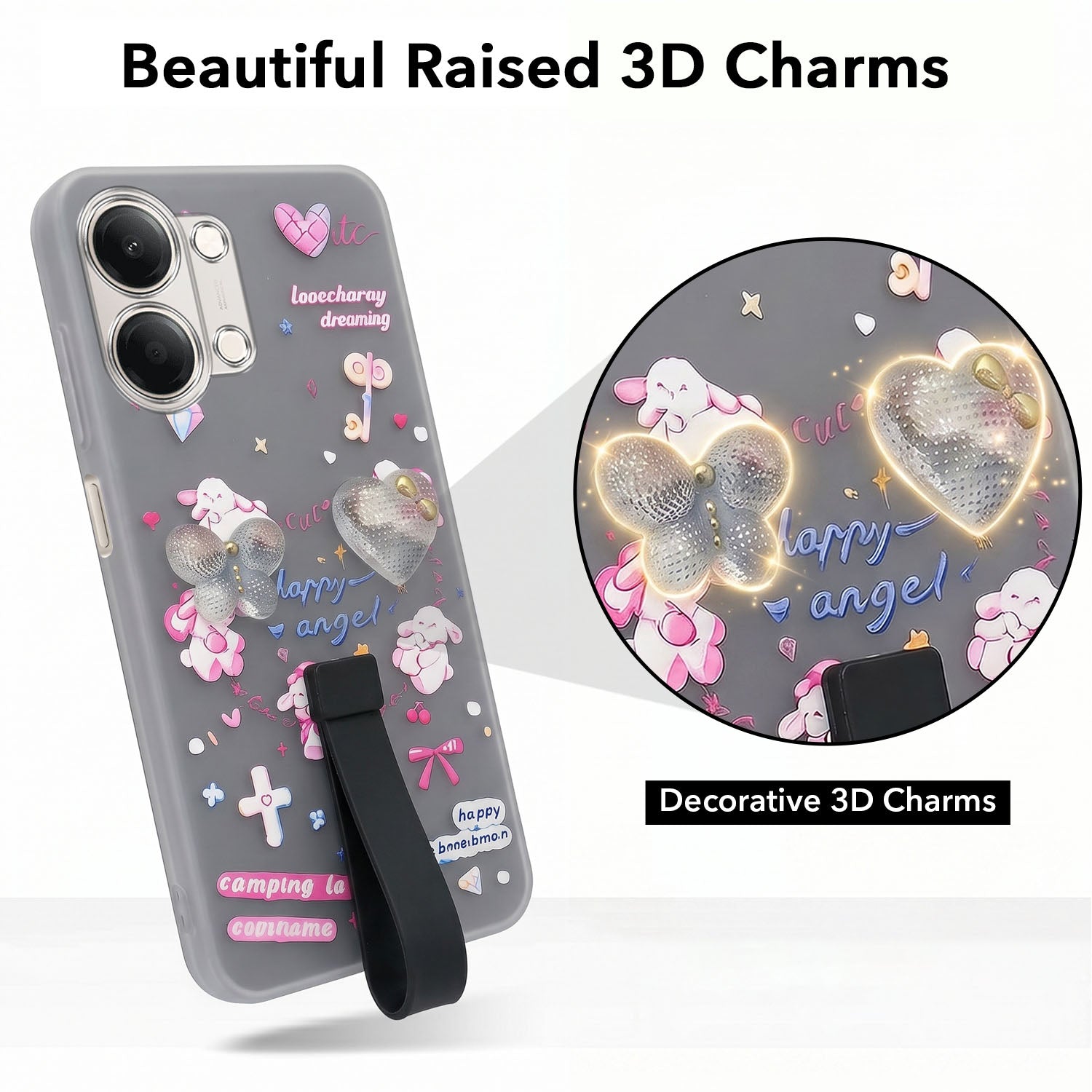 For Vivo Y11 | Vivo Y21 5G Back Cover Case (3D Cute Heart Strap Holder | Camera Protection | Designer Girls Print)