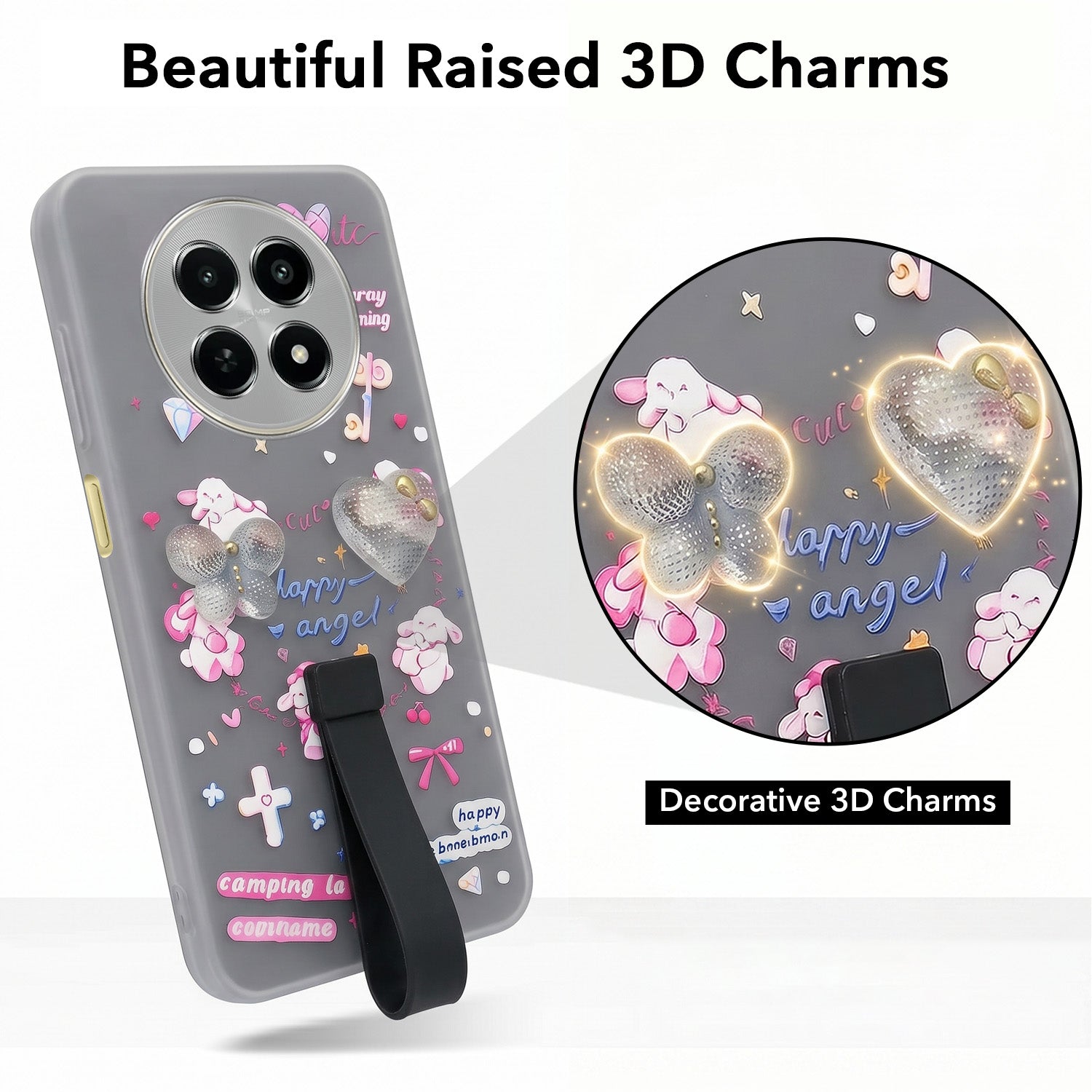 For Realme Narzo N65 5G Back Cover Case (3D Cute Heart Strap Holder | Camera Protection | Designer Girls Print)
