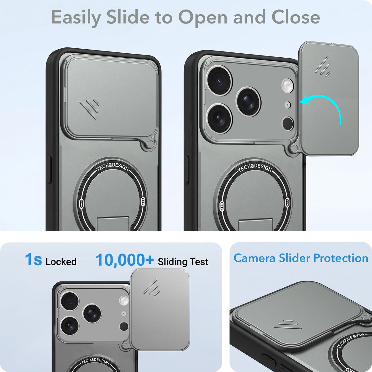 For Apple iPhone 17 Pro Back Case Cover Metallic (Hybrid Armor Kickstand | Sliding Shutter Camera Protection | MagSafe Compatible)