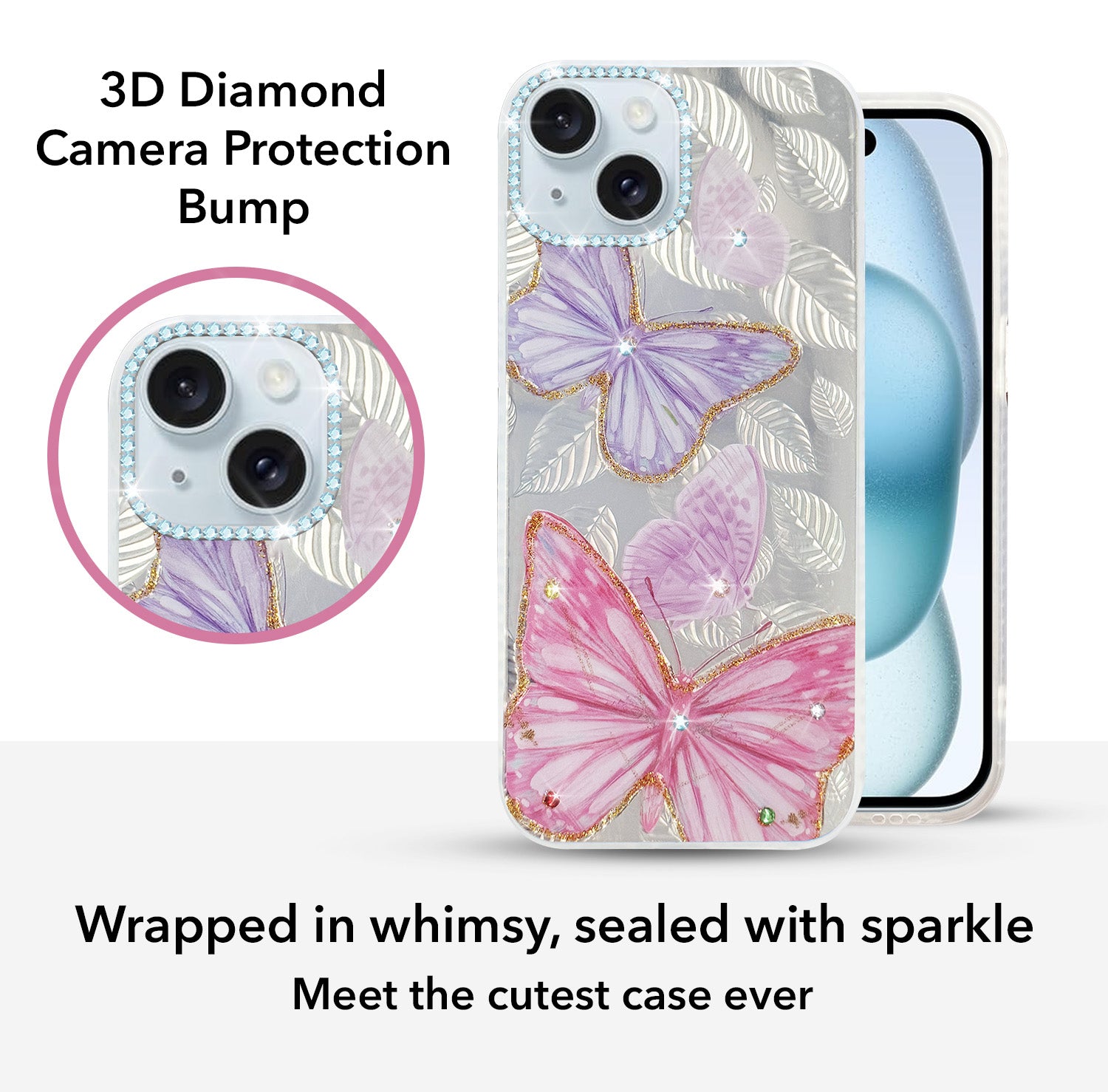 For Apple iPhone 15 Back Cover Case (Luxury Floral Glitter Cute Butterfly | Diamond Studded Camera Bump | Girls & Women Design)