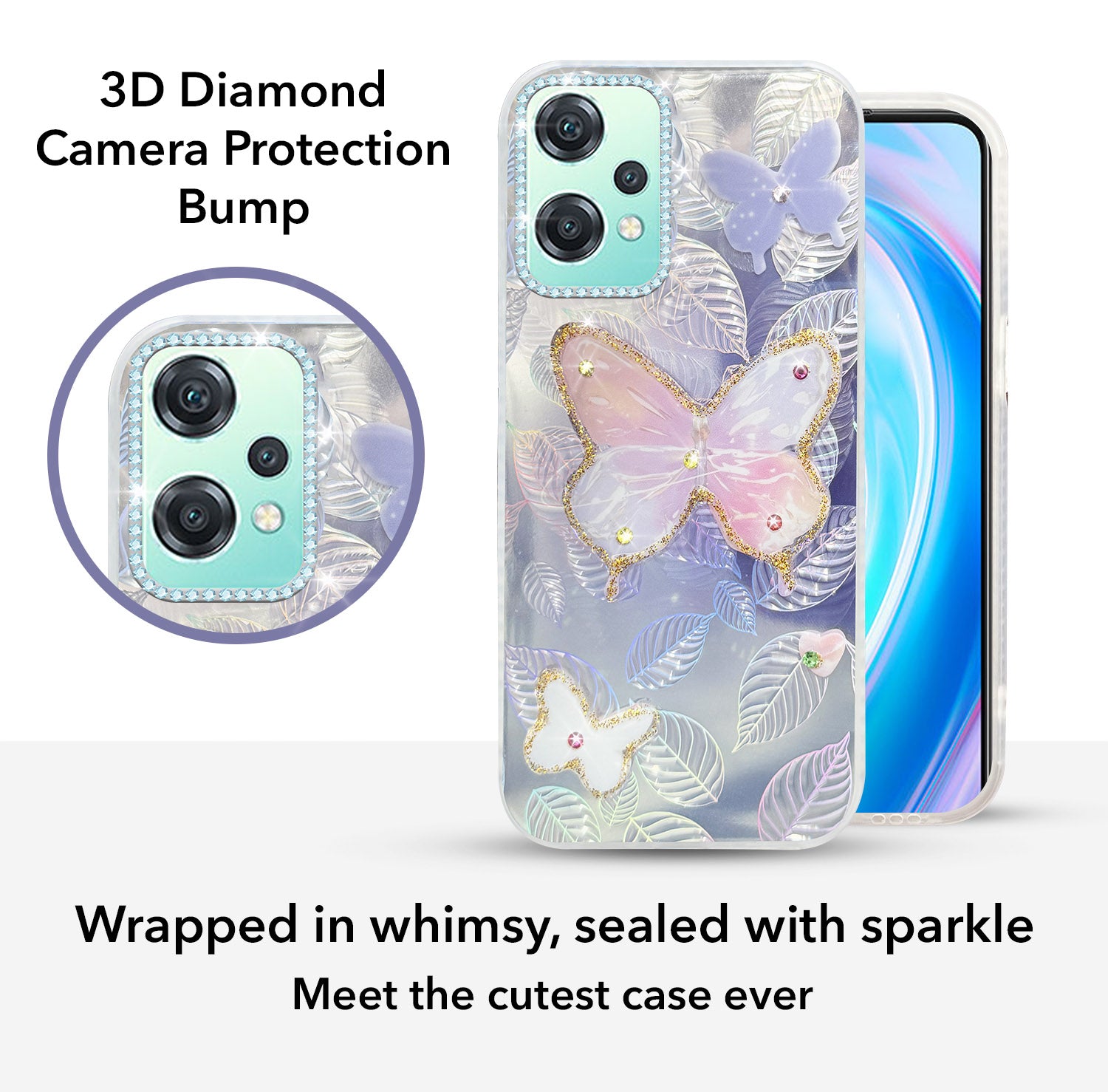 For OnePlus Nord CE 2 Lite Back Cover Case (Luxury Floral Glitter Cute Butterfly | Diamond Studded Camera Bump | Girls & Women Design)