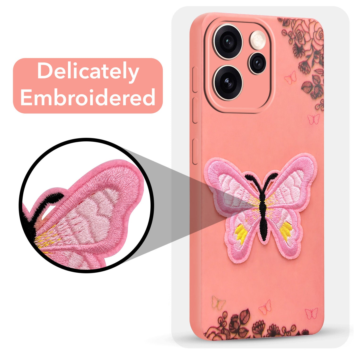 For Oppo Reno15 Pro 5G | Oppo Reno 15 Pro 5G Back Cover Case (Soft Butterfly Embroidery | Women Teen Girls | Camera Protection| Matte Silicone)
