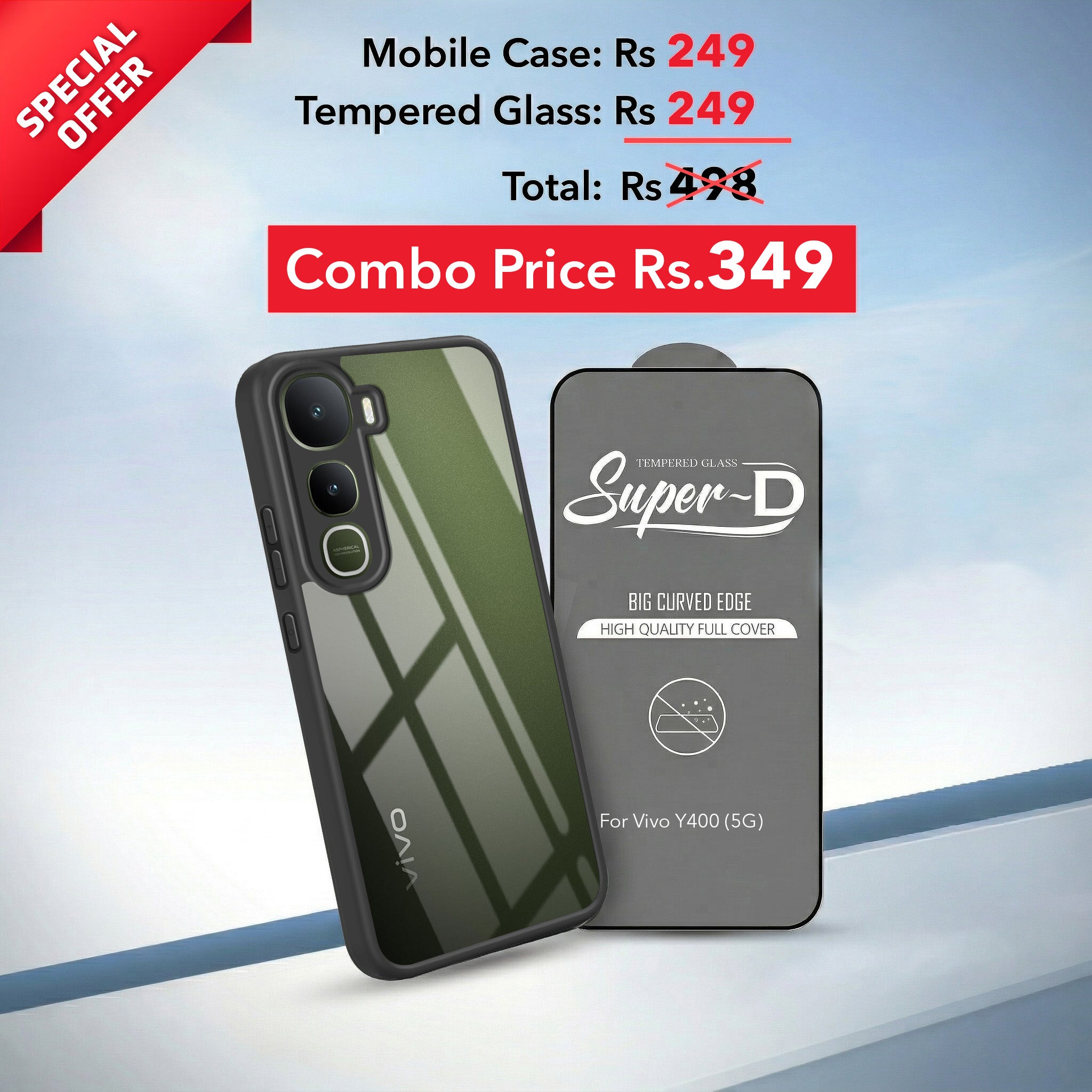 For Vivo Y400 Combo with Back Cover and 9H Tempered Glass (Lifetime Anti-Yellow | Crystal Clear Shockproof | Oleophobic Coating Screen Glass)