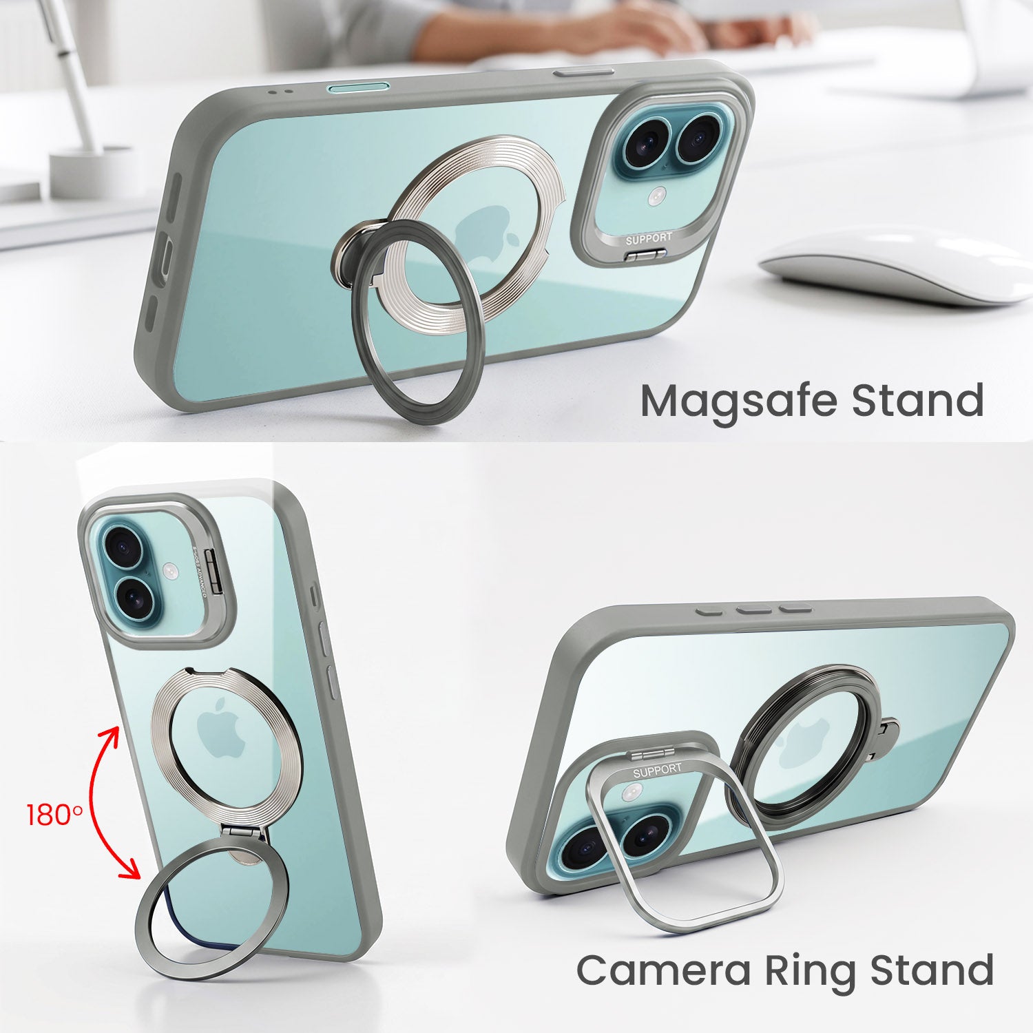 For Apple iPhone 16 Back Cover Case Crystal (Lifetime Anti Yellow | Magnetic Ring Stand | Camera Lens Protection | MagSafe Compatible)
