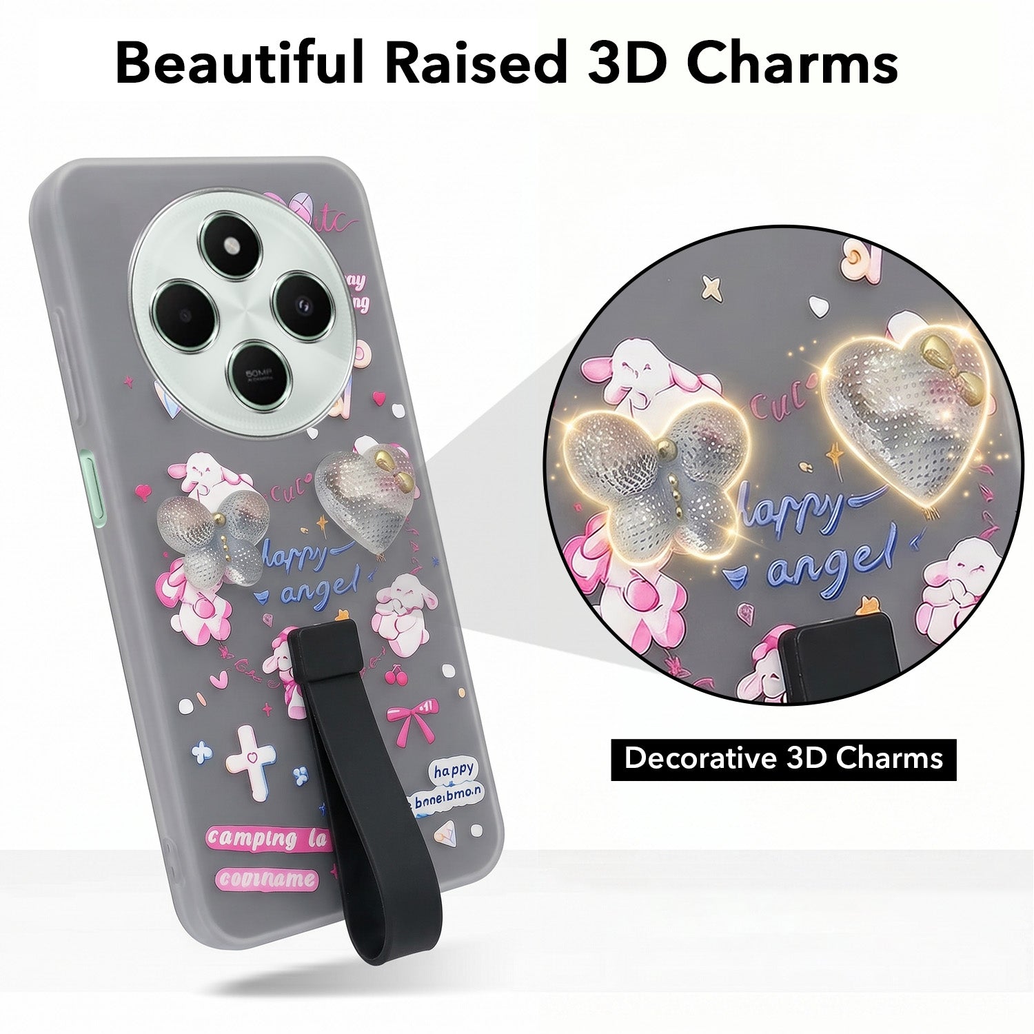 For Poco C75 | Poco M7 Back Cover Case (3D Cute Heart Strap Holder | Camera Protection | Designer Girls Print)