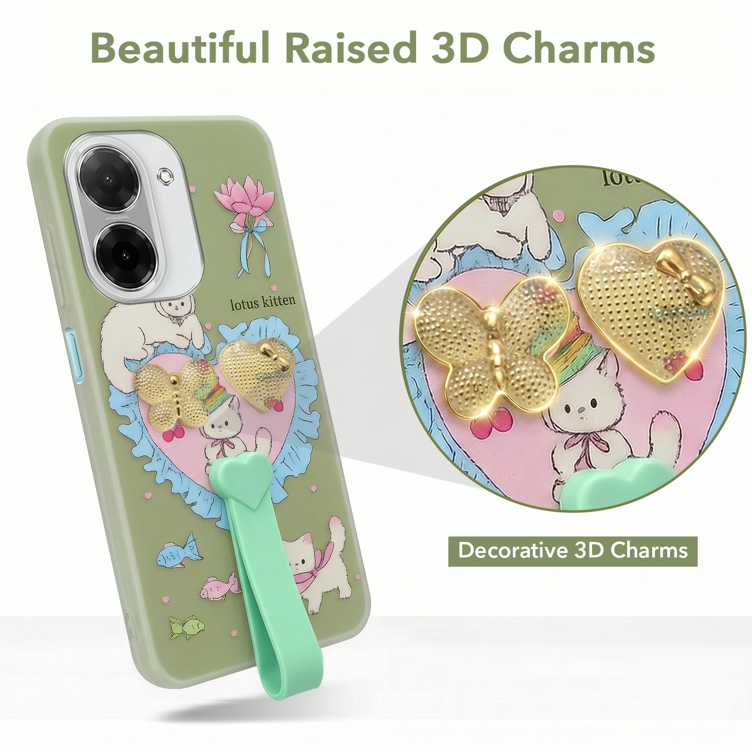 For Redmi A5 4G Back Cover Case (3D Cute Heart Strap Holder | Camera Protection | Designer Girls Print)
