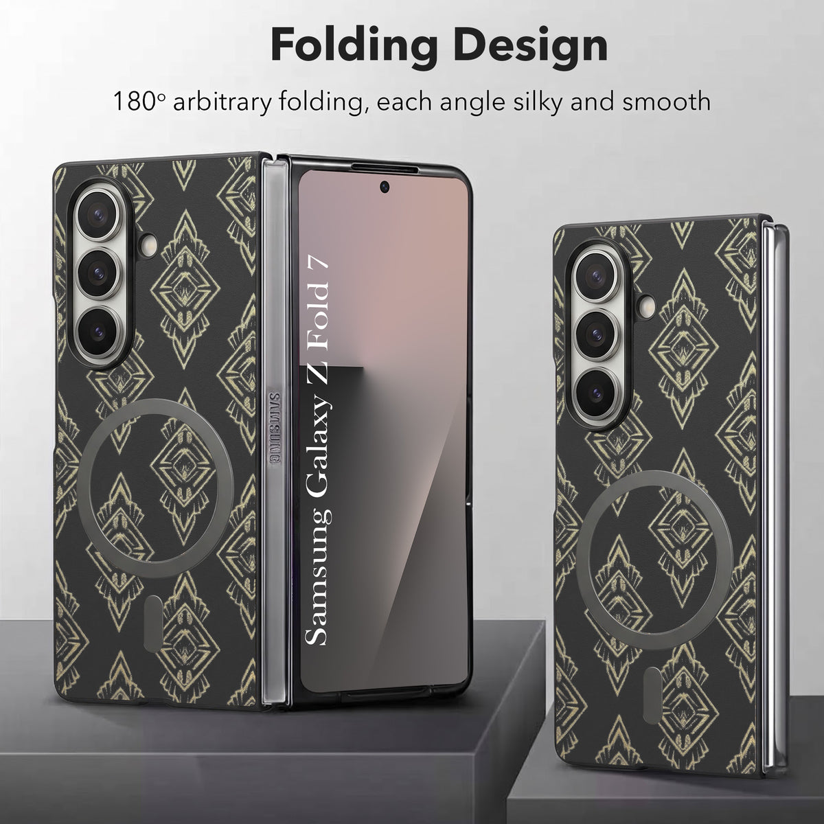 For Samsung Galaxy Z Fold 7 Back Cover Case Premium Magnetic (MagSafe Compatible | 180° Folding Design | Geometric Gold Pattern | Soft Microfiber Inner Lining)