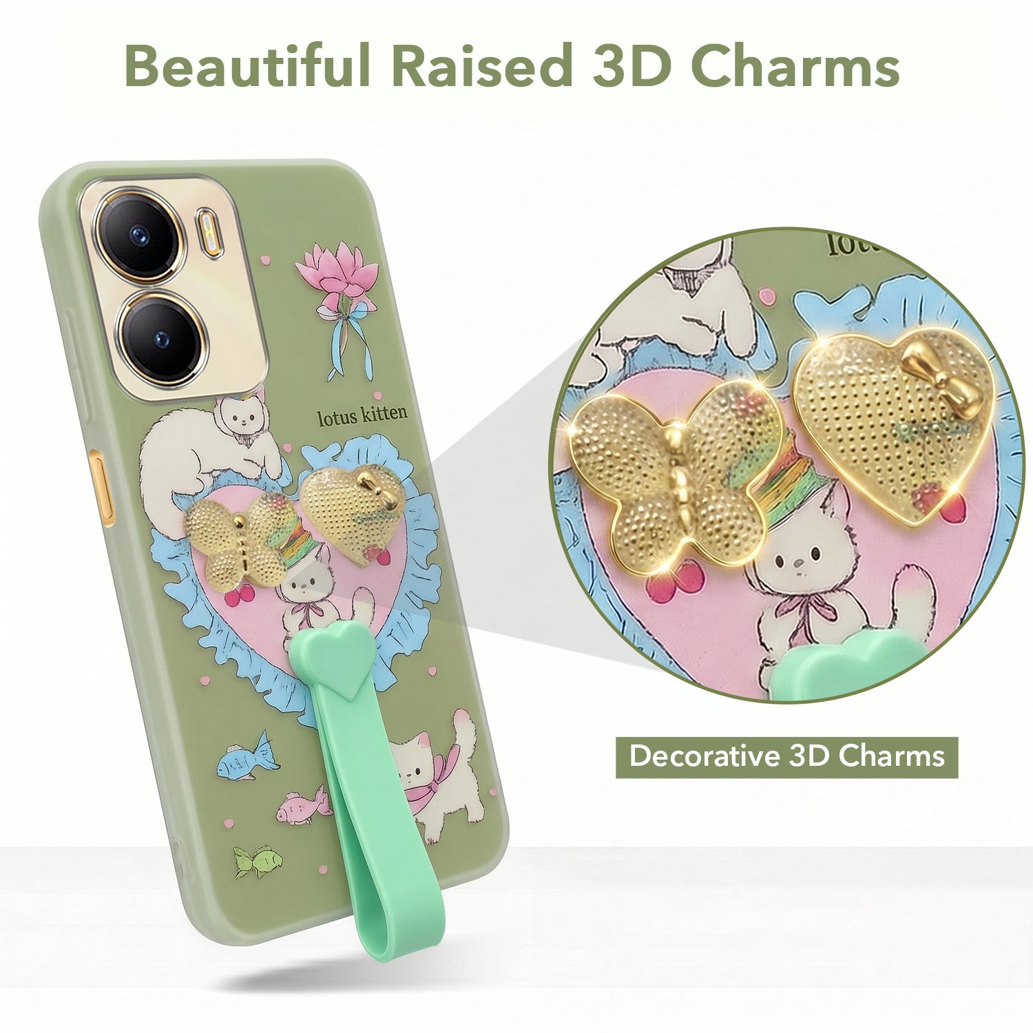 For Vivo Y56 5G Back Cover Case (3D Cute Heart Strap Holder | Camera Protection | Designer Girls Print)