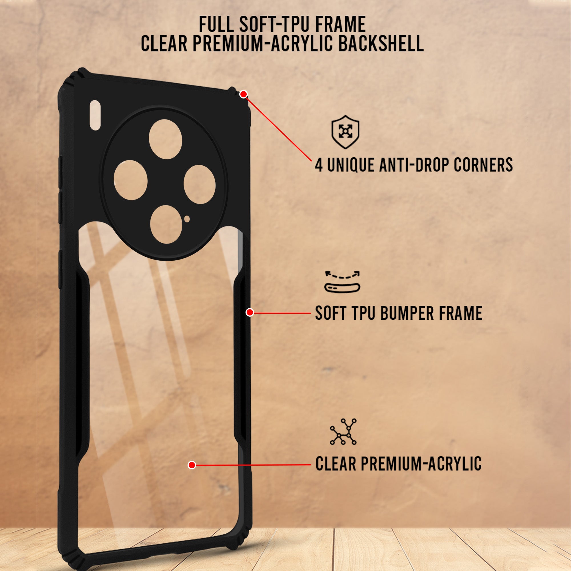 For Vivo X300 5G Back Cover Case Hybrid (Shockproof with Polycarbonate Clear Panel | Professional Black)