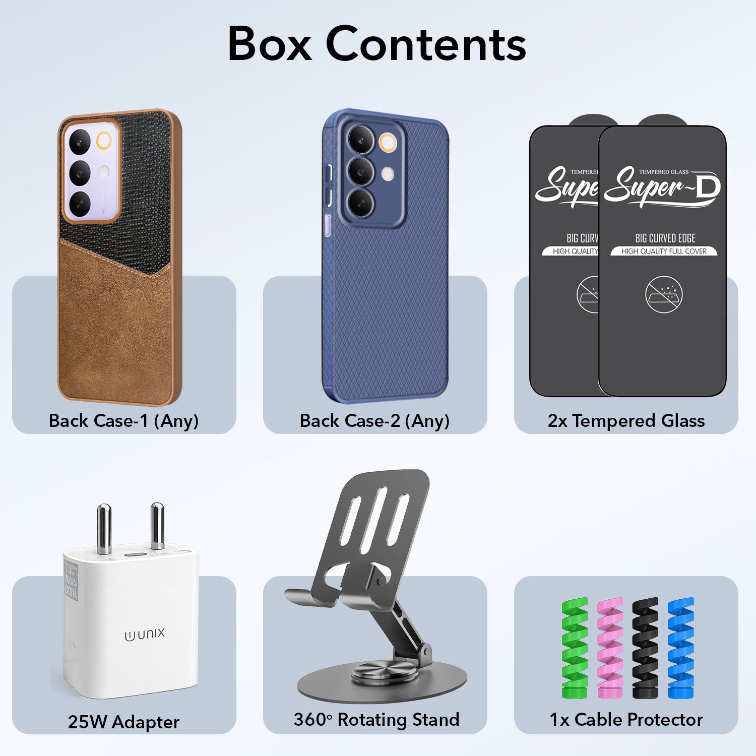 Complete Mobile Care Kit (Get Any 2 Cases+2 Tempered Glass+25W Charger Adapter+Metallic Mobile Stand+Cable Protector)