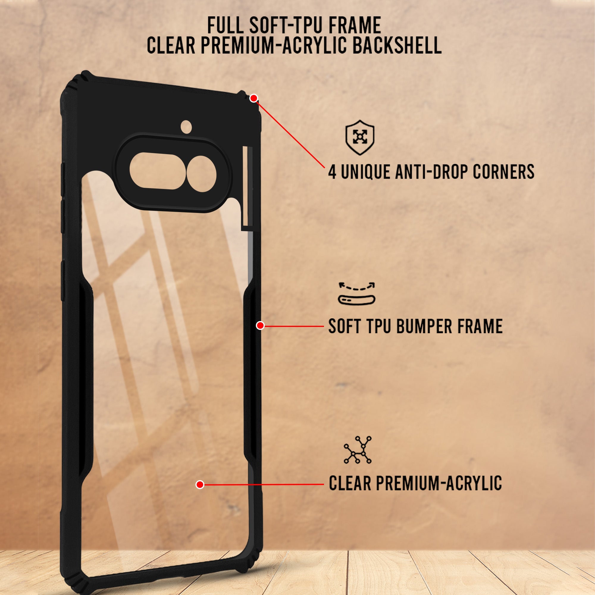 For Nothing Phone 4A 5G Back Cover Case Hybrid (Shockproof with Polycarbonate Clear Panel | Professional Black)
