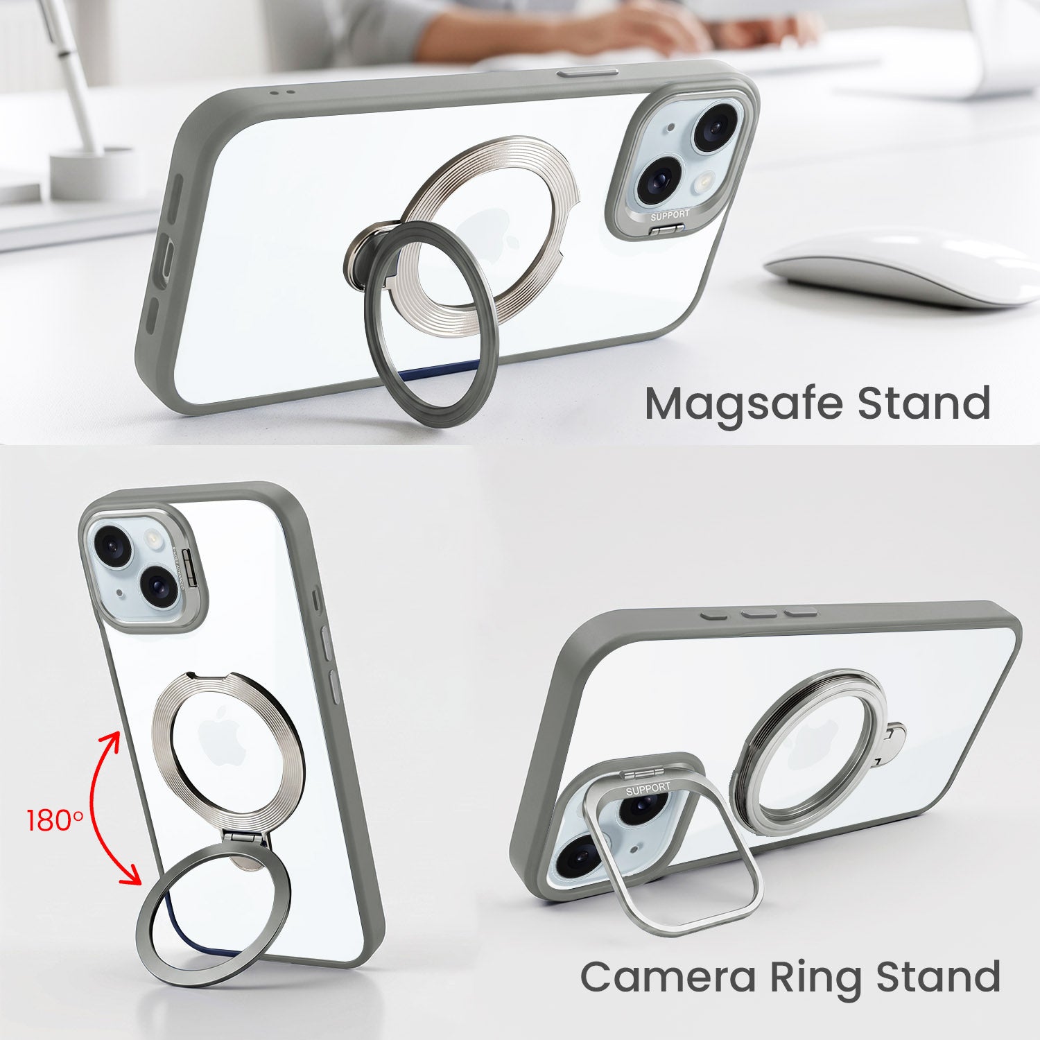 For Apple iPhone 15 Back Cover Case Crystal (Lifetime Anti Yellow | Magnetic Ring Stand | Camera Lens Protection | MagSafe Compatible)