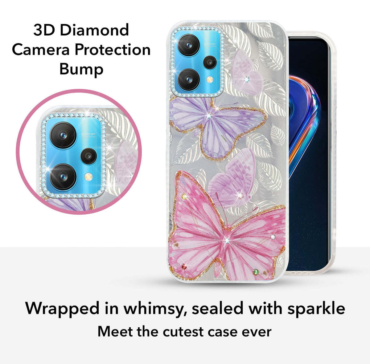 For Realme 9 Pro Back Cover Case (Luxury Floral Glitter Cute Butterfly | Diamond Studded Camera Bump | Girls & Women Design)