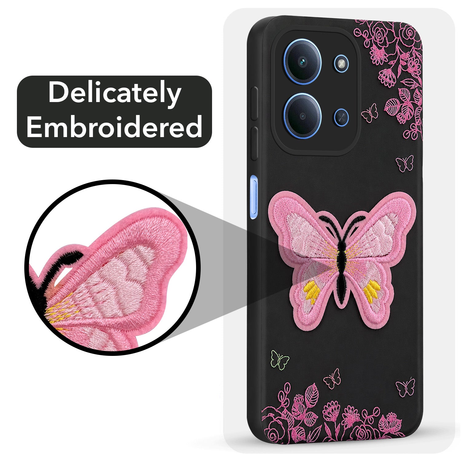 For Redmi 15C Back Cover Case (Soft ButterFly Embroidery | Women Teen Girls | Camera Protection| Matte Silicone)