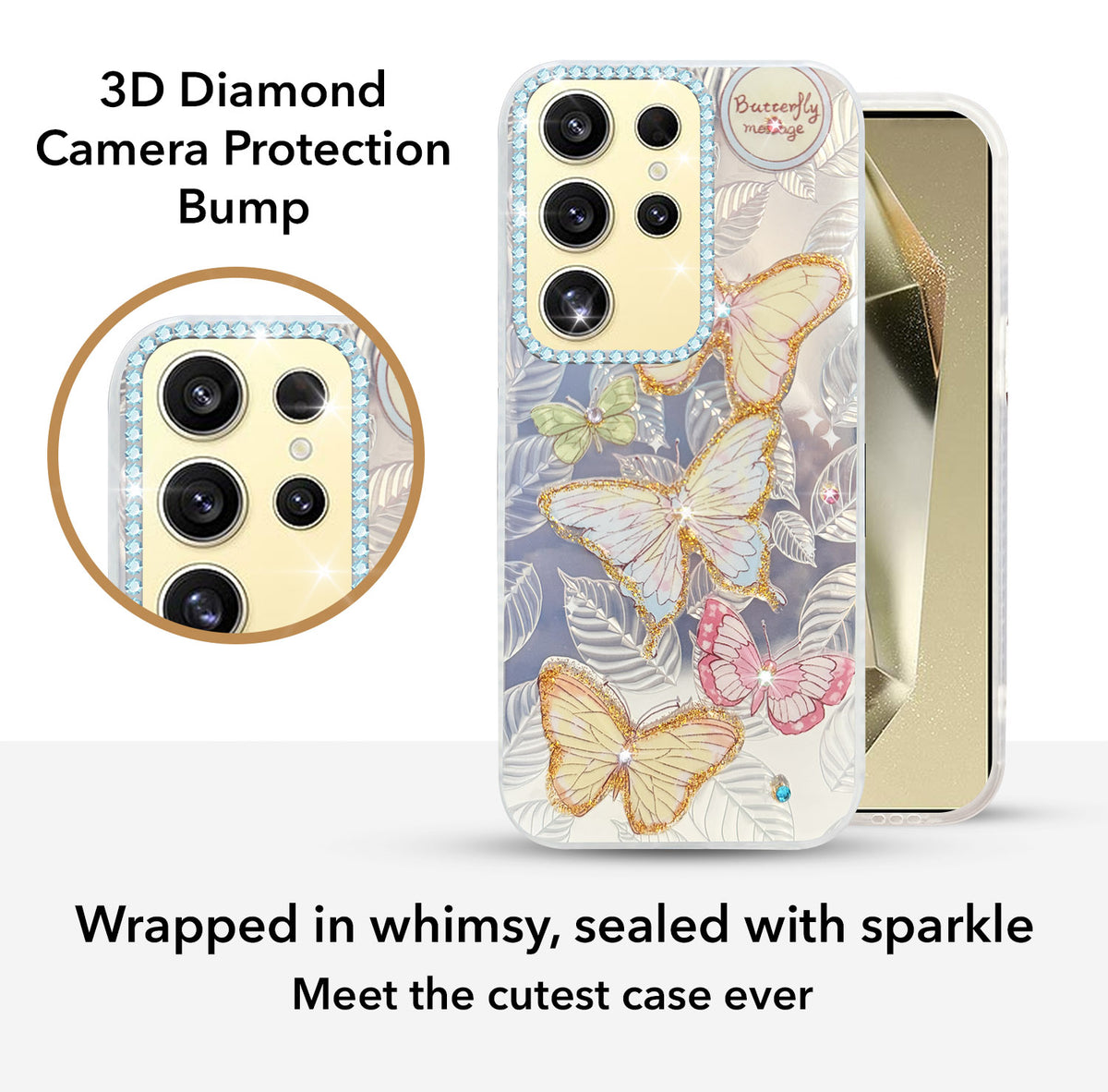 For Samsung Galaxy S24 Ultra Back Cover Case (Luxury Floral Glitter Cute Butterfly | Diamond Studded Camera Bump | Girls & Women Design)