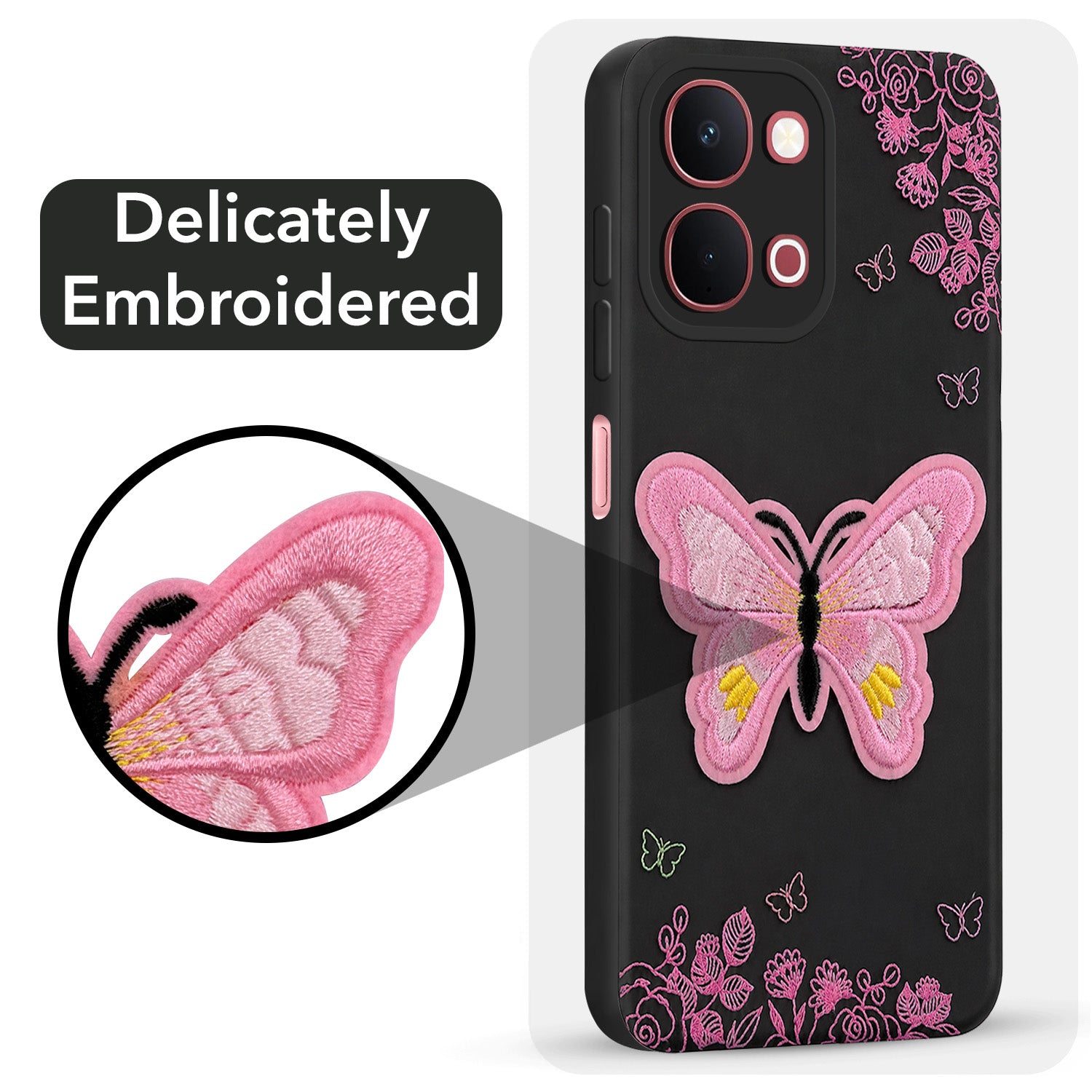 For Vivo Y51 Pro 5G | Vivo T5x Back Cover Case (Soft Butterfly Embroidery | Women Teen Girls | Camera Protection| Matte Silicone)