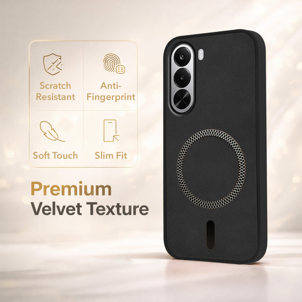 For Realme P4x Back Cover Case Leather Finish (MagSafe Compatible Wireless Charging | Soft Touch | Camera Bump Protection)