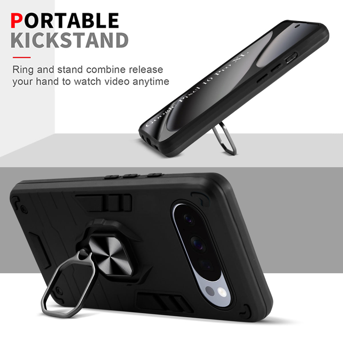 For Google Pixel 10 Pro XL Back Cover Case Hybrid Armor (Shockproof Dual Layer Polycarbonate |Ring Holder Kickstand)