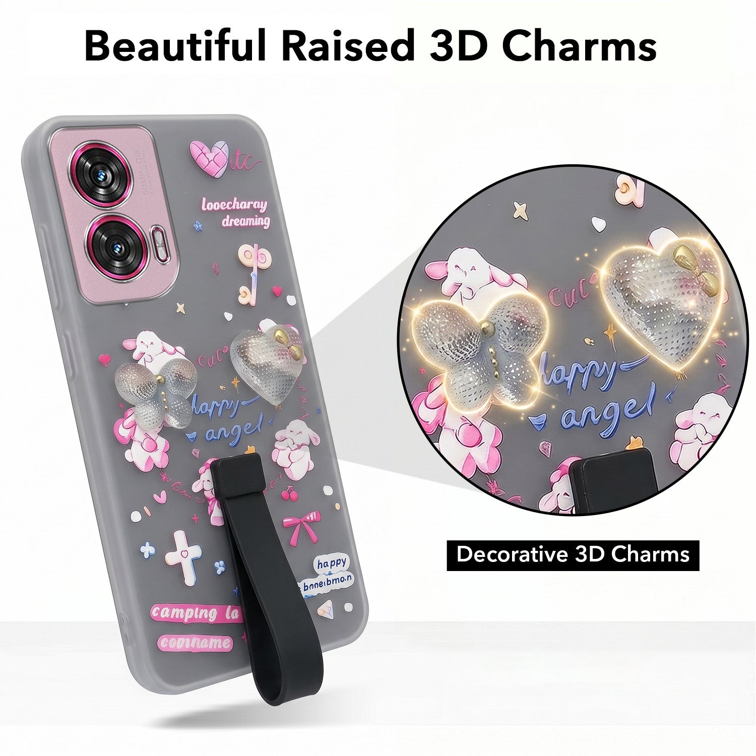 For Motorola Moto Edge 50 Fusion Back Cover Case (3D Cute Heart Strap Holder | Camera Protection | Designer Girls Print)