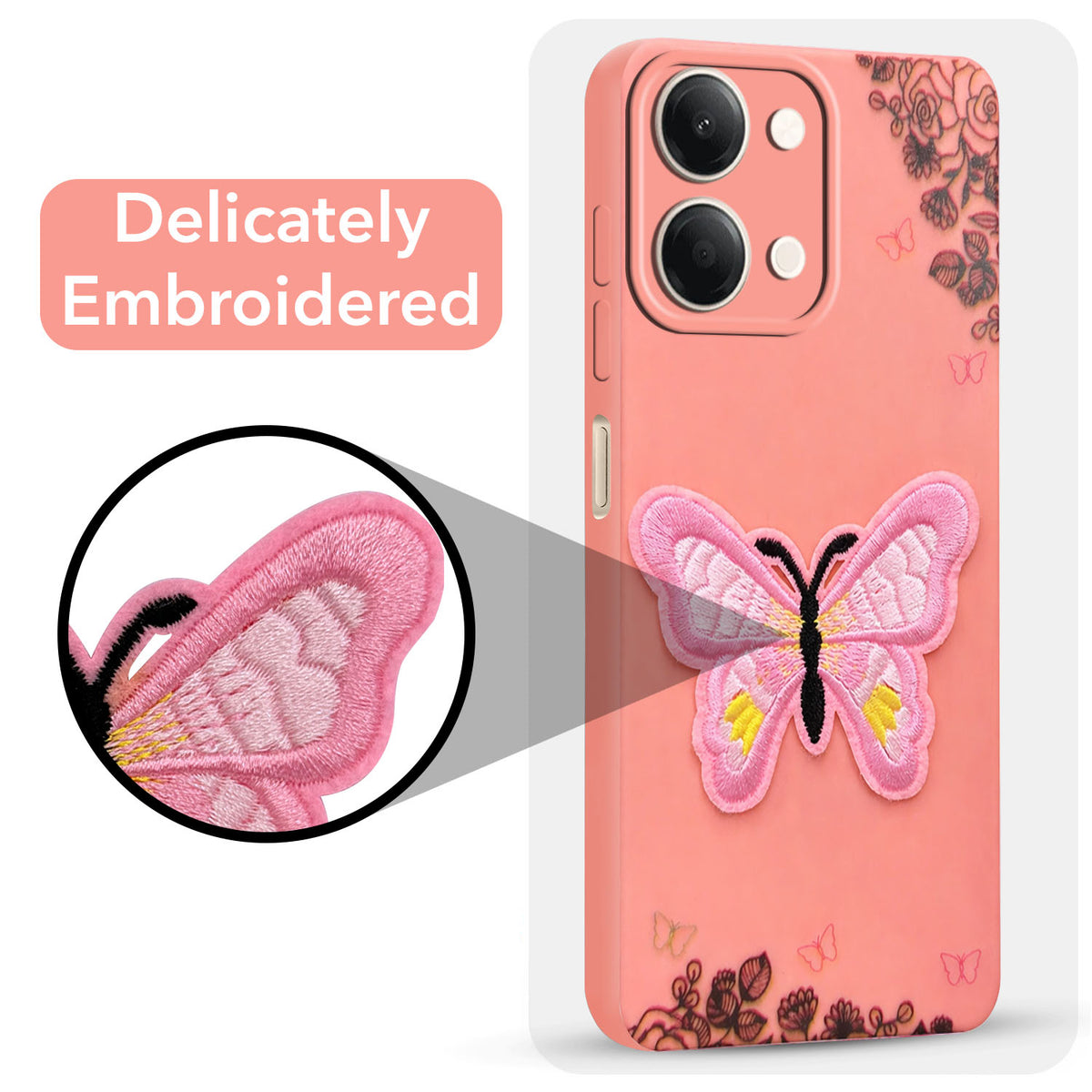 For Vivo Y05 (4G) | Vivo T5 Lite (5G) Back Cover Case (Soft Butterfly Embroidery | Women Teen Girls | Camera Protection| Matte Silicone)
