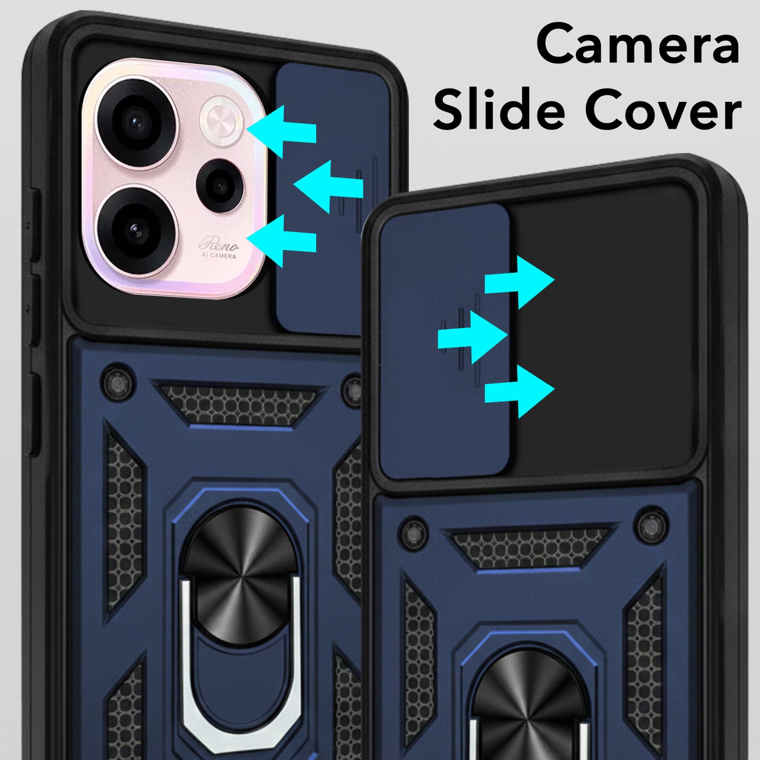 For Oppo Reno 15c Back Cover Case Hybrid Armor (Sliding Shutter Camera Protection | Polycarbonate |Ring Holder Kickstand)