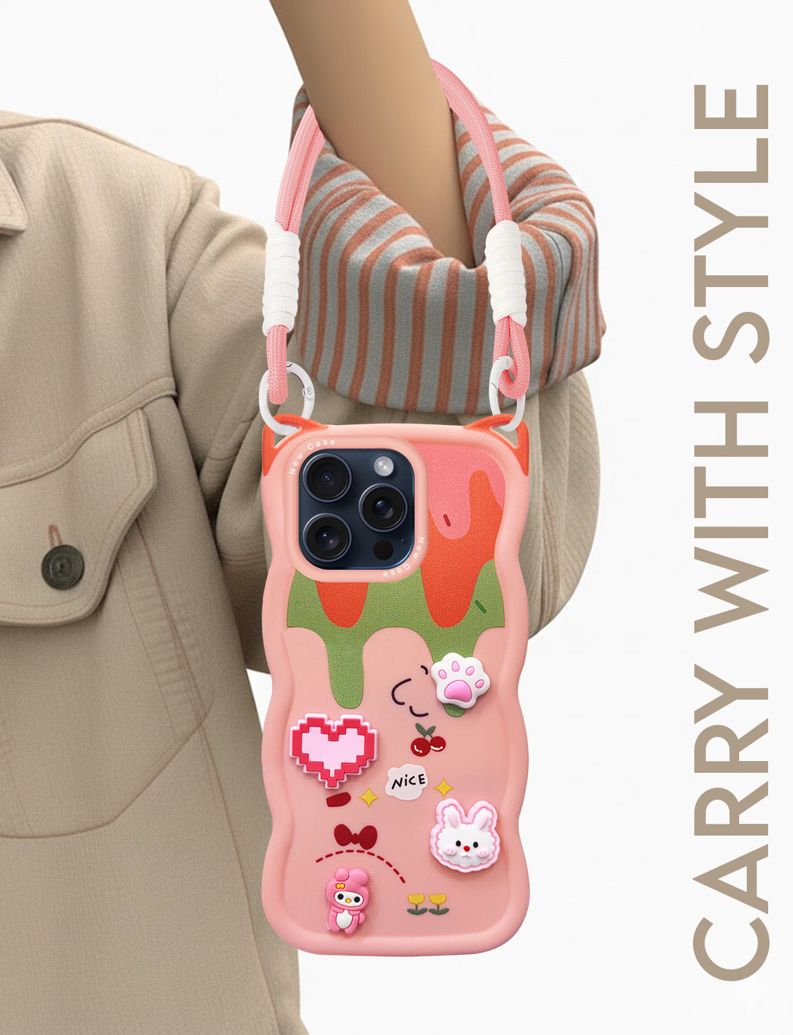 For Apple iPhone 15 Pro Back Case Cover Strap(3D Embossed Figures | Strap Holder | 360* Soft Cushion with Camera Bump)