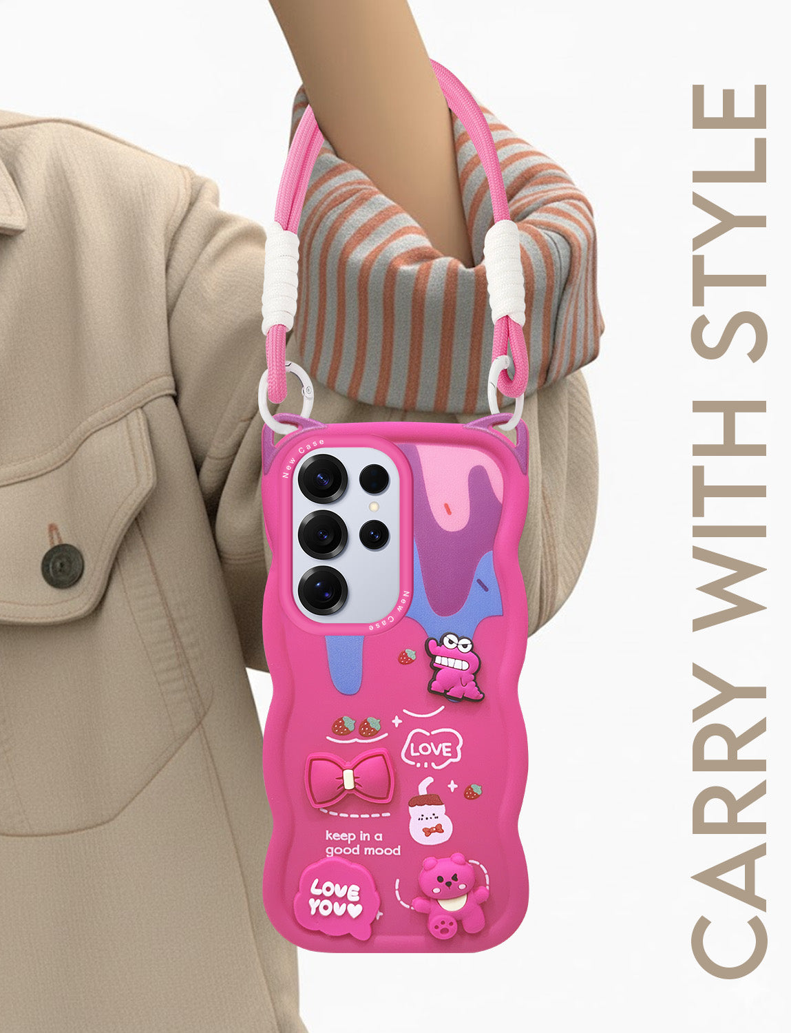 For Samsung Galaxy S25 Ultra Back Case Cover Strap (3D embossed Figures | Strap Holder | 360* Soft Cushion with Camera Bump)