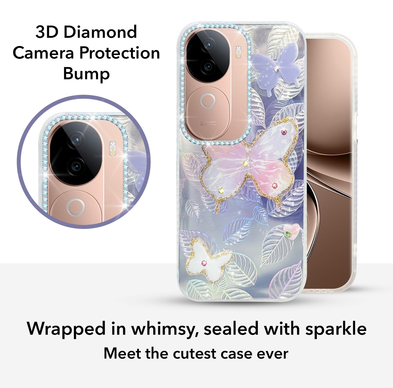 For Vivo V40e Back Cover Case (Luxury Floral Glitter Cute Butterfly | Diamond Studded Camera Bump | Girls & Women Design)