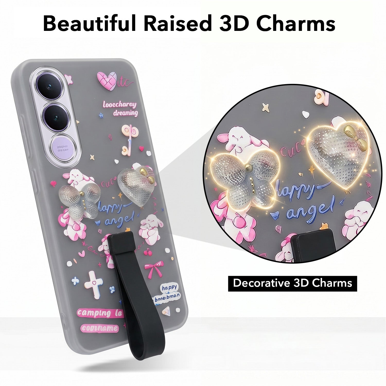 For Vivo V70 FE 5G Back Cover Case (3D Cute Heart Strap Holder | Camera Protection | Designer Girls Print)