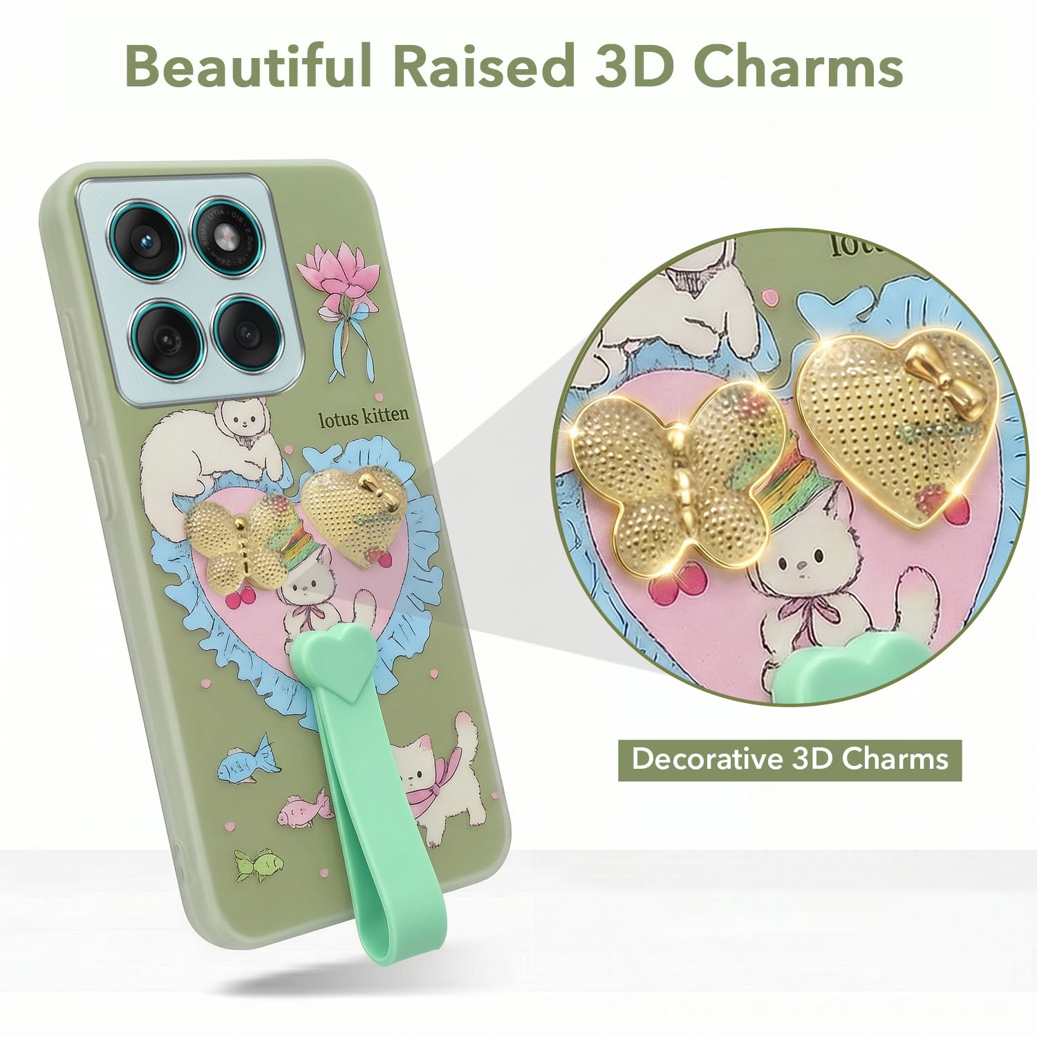 For Motorola Moto Edge 60 Fusion Back Cover Case (3D Cute Heart Strap Holder | Camera Protection | Designer Girls Print)