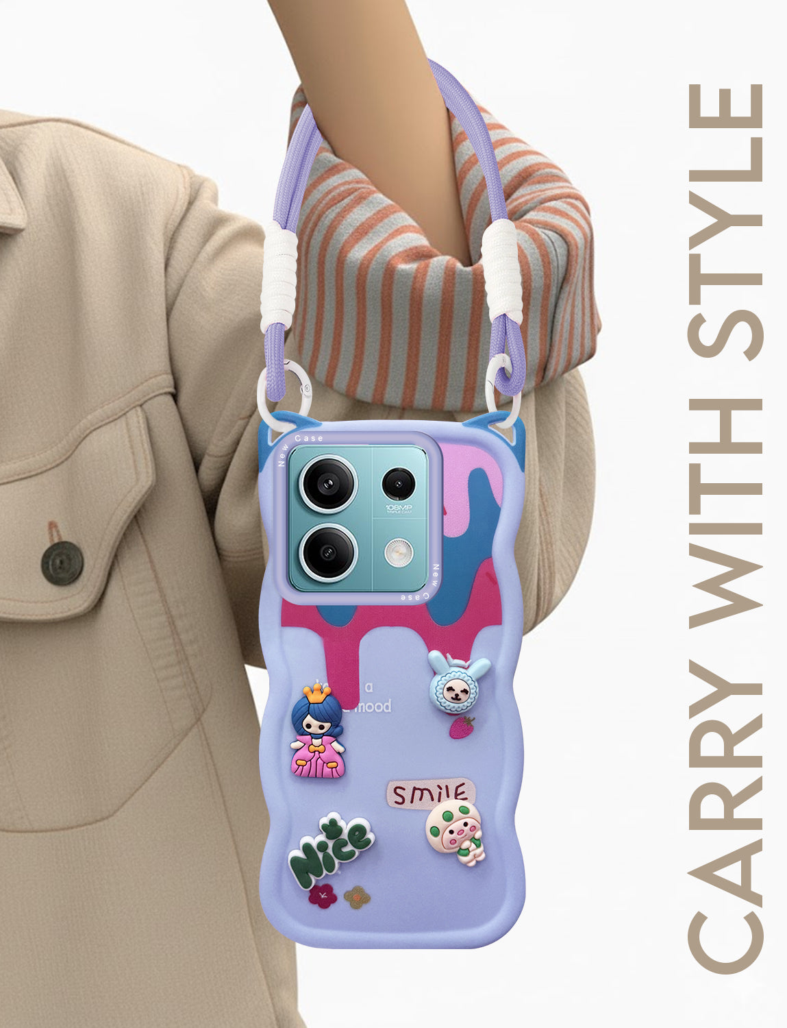 For Xiaomi Redmi Note 13 5G Back Case Cover Strap (3D embossed Figures | Strap Holder | 360* Soft Cushion with Camera Bump)