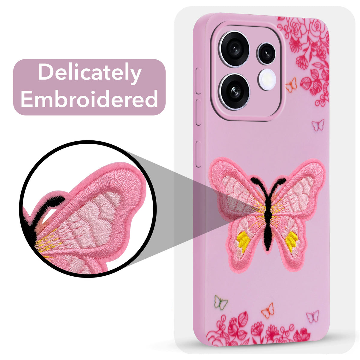 For Oppo Reno 16 Back Cover Case (Soft Butterfly Embroidery | Women Teen Girls | Camera Protection| Matte Silicone)