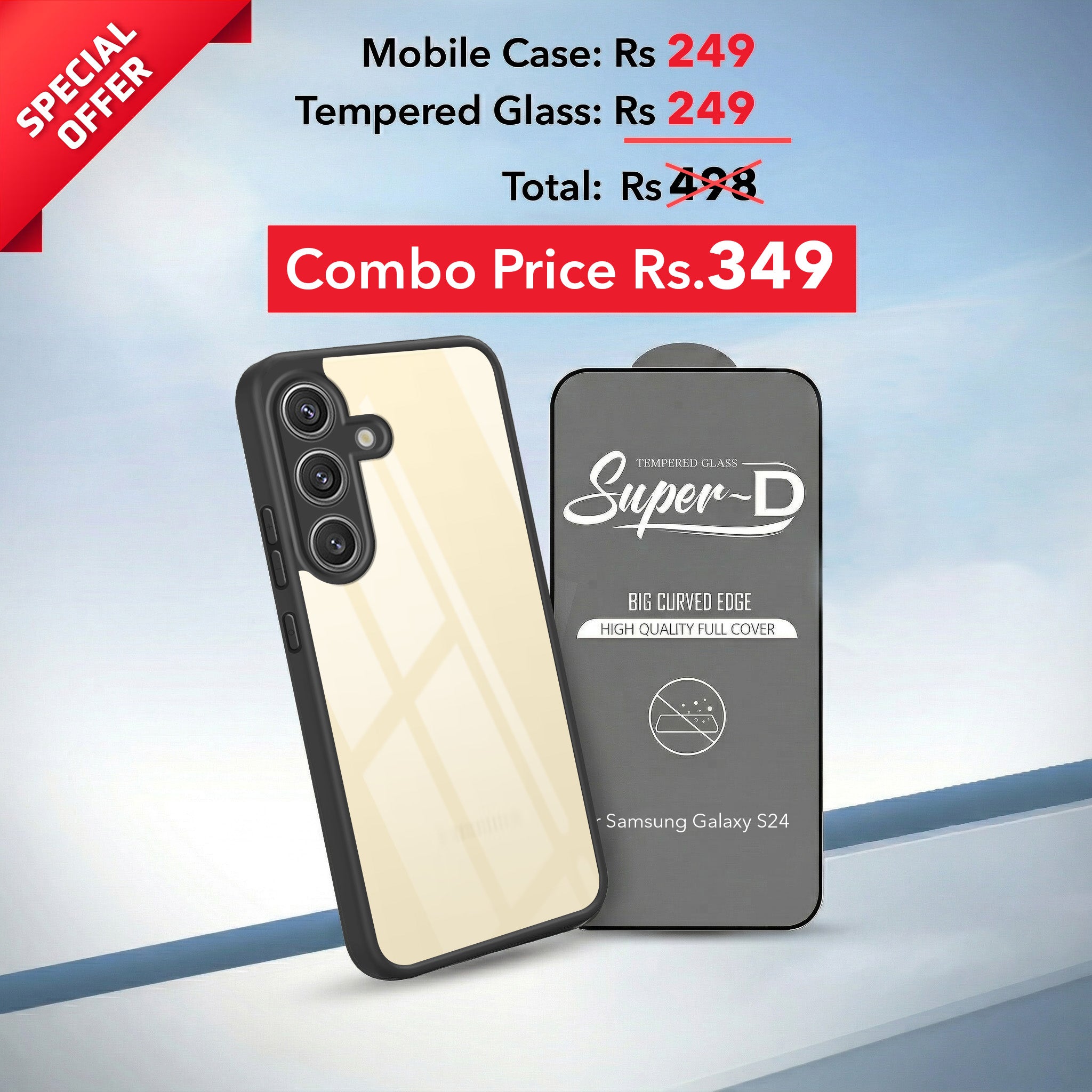 For Samsung Galaxy S24 Combo with Back Cover and 9H Tempered Glass (Lifetime Anti-Yellow | Crystal Clear Shockproof | Oleophobic Coating Screen Glass)