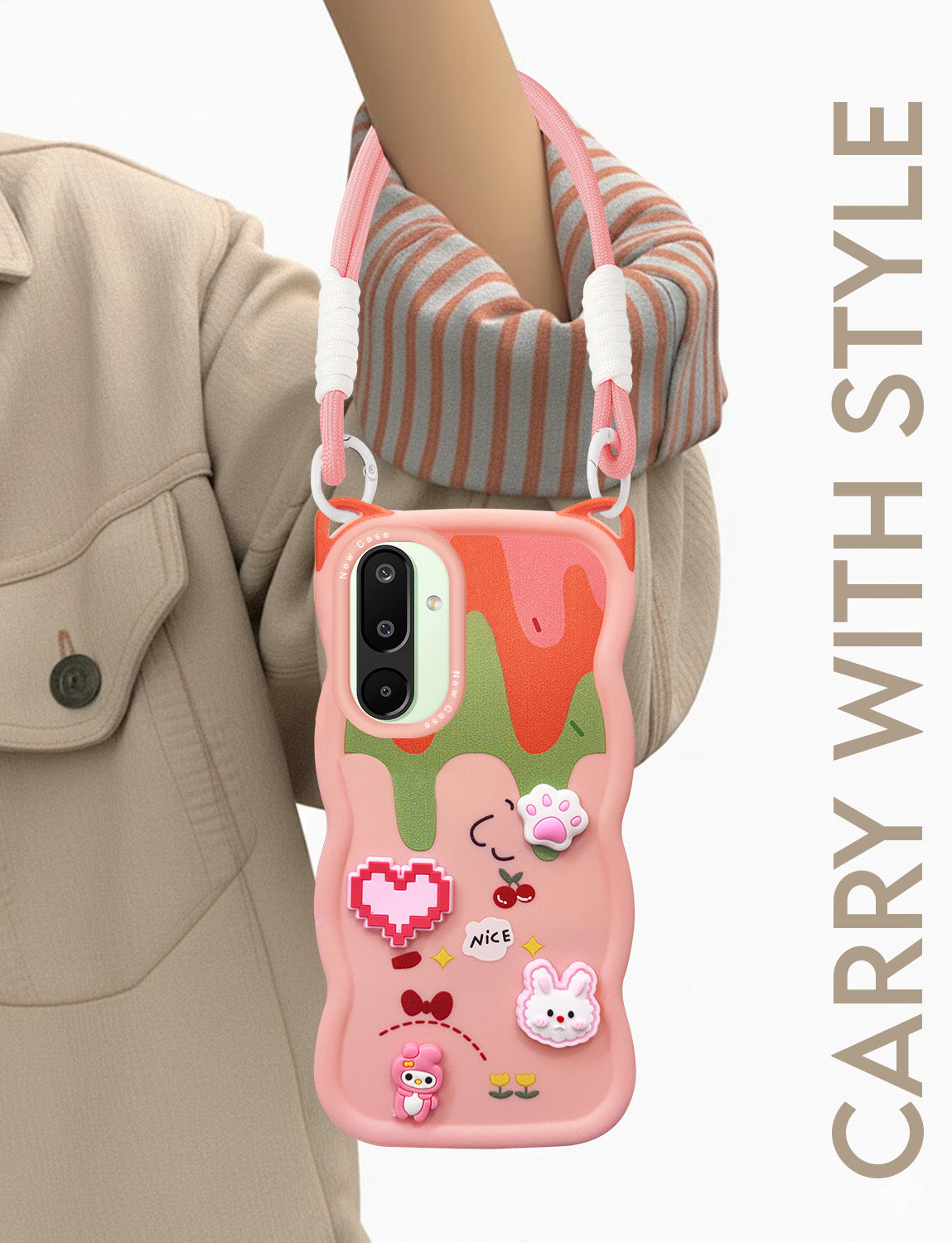For Samsung Galaxy M16 5G | Samsung Galaxy F16 5G Back Case Cover Strap (3D embossed Figures | Strap Holder | 360* Soft Cushion with Camera Bump)