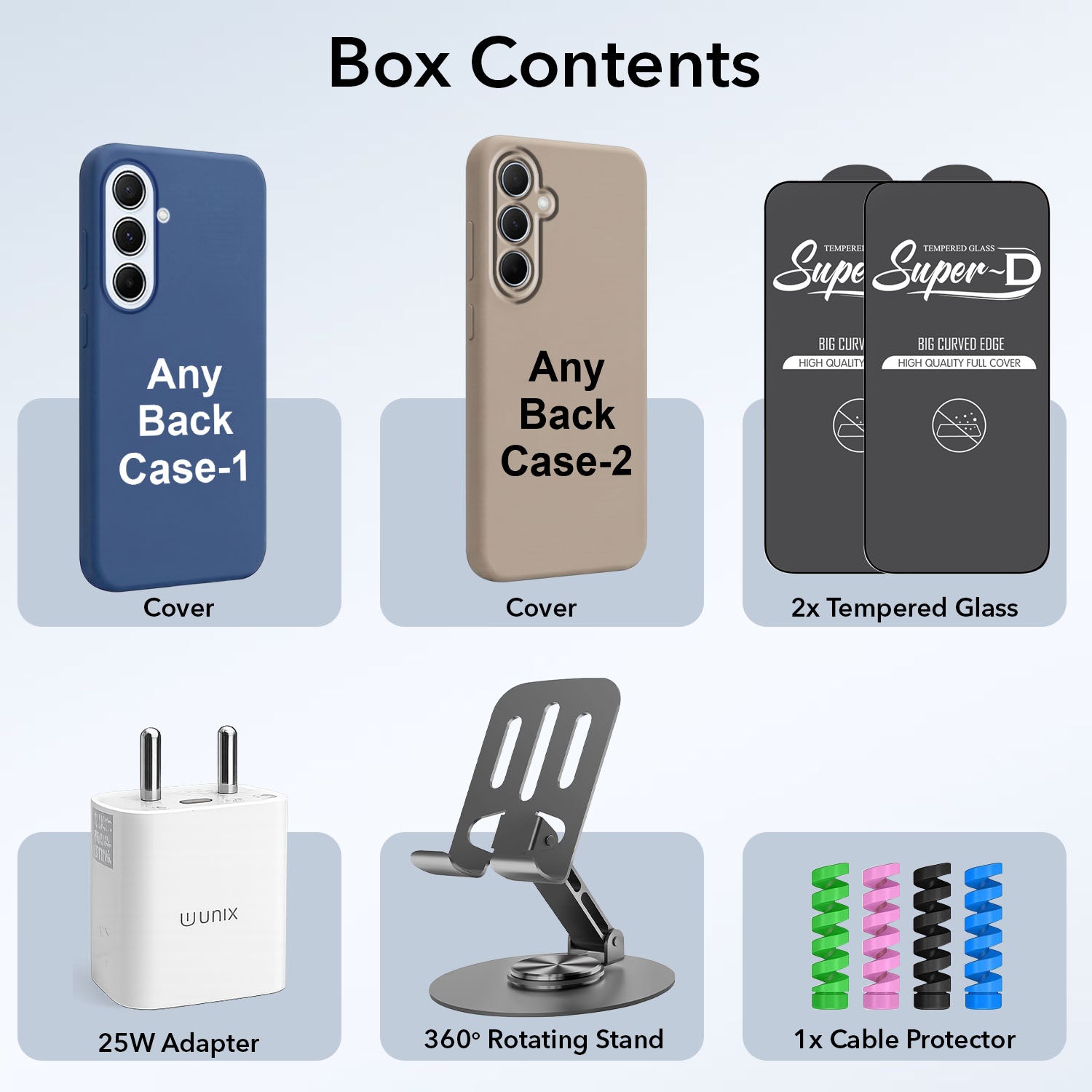 Complete Mobile Care Kit (Get Any 2 Cases+2 Tempered Glass+25W Charger Adapter+Metallic Mobile Stand+Cable Protector)