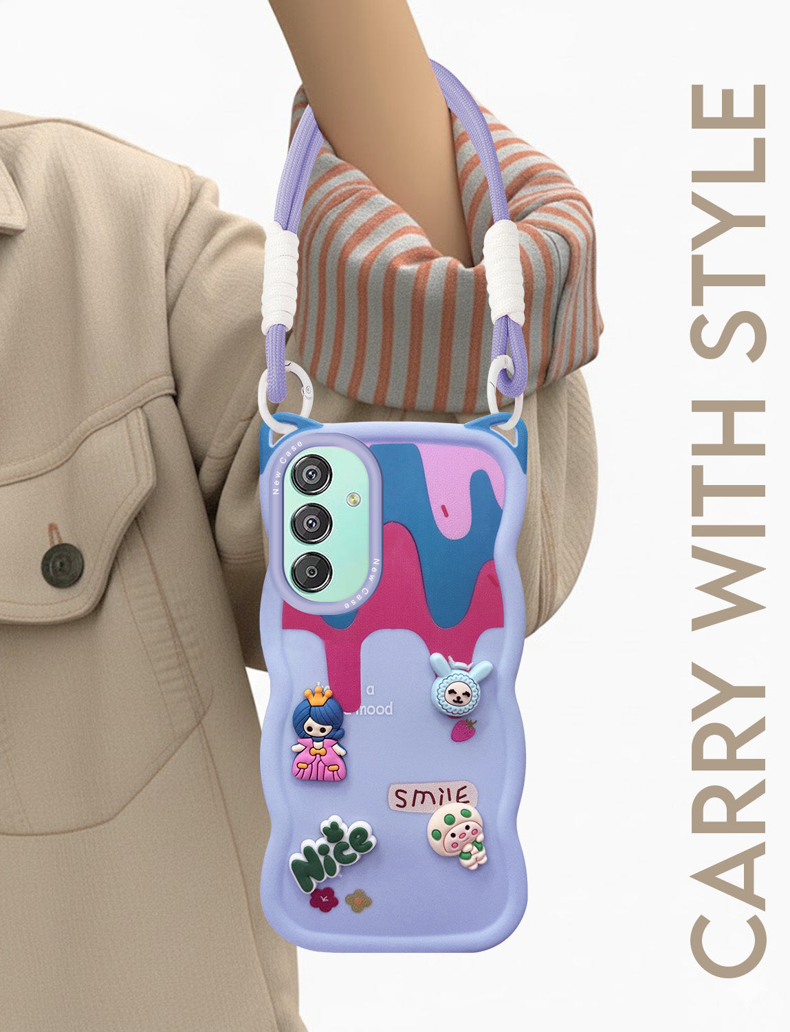 For Samsung Galaxy F15 5G Back Case Cover Strap(3D embossed Figures | Strap Holder | 360* Soft Cushion with Camera Bump)