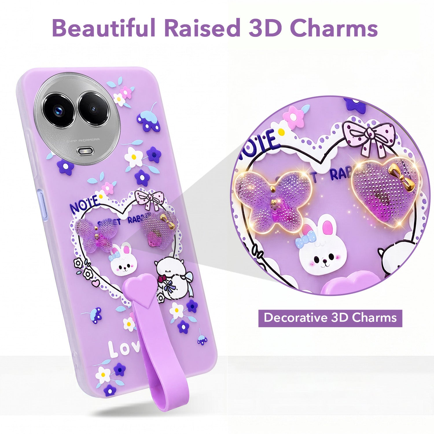For Realme Narzo 60x Back Cover Case (3D Cute Heart Strap Holder | Camera Protection | Designer Girls Print)