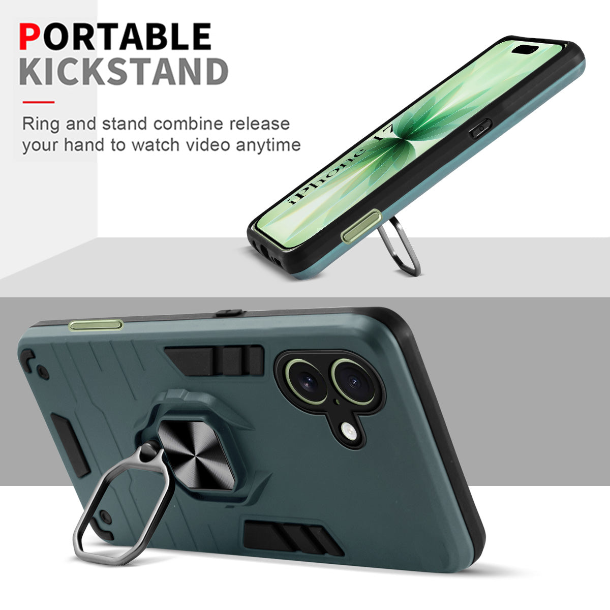 For Apple iPhone 17 Back Cover Case (Shockproof Dual Layer Polycarbonate |Ring Holder Kickstand)
