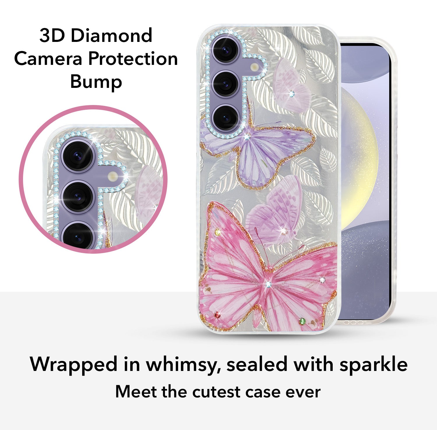 For Samsung Galaxy S24 Back Cover Case (Luxury Floral Glitter Cute Butterfly | Diamond Studded Camera Bump | Girls & Women Design)