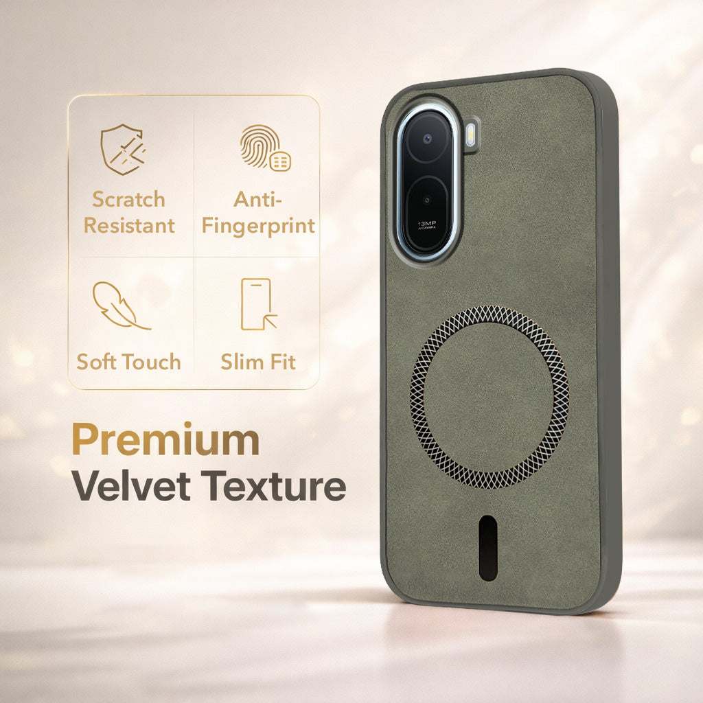 For Redmi A7 Pro 5G Back Cover Case Leather Finish (MagSafe Compatible Wireless Charging | Soft Touch | Camera Bump Protection)