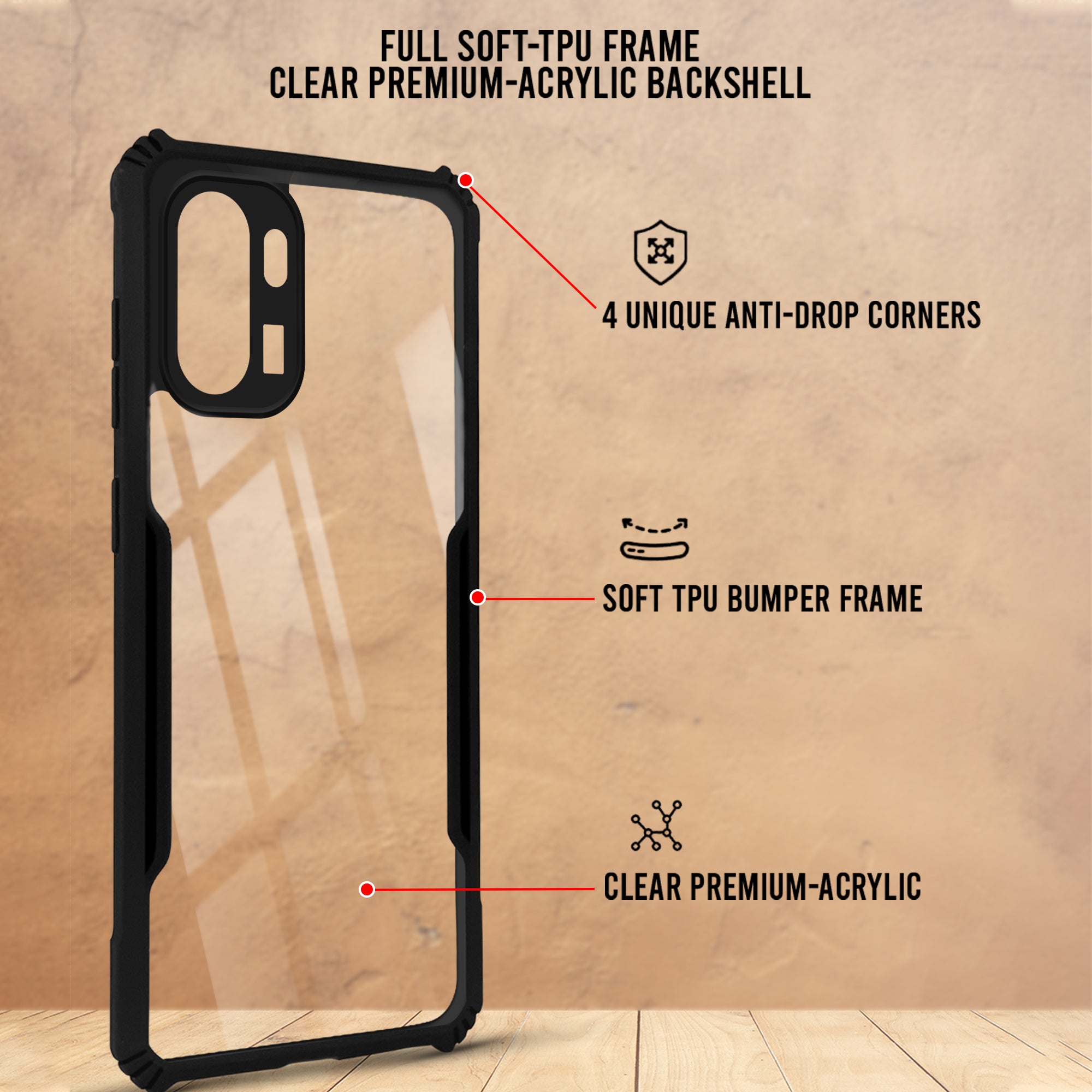 For OnePlus 15R Back Cover Case Hybrid (Shockproof with Polycarbonate Clear Panel | Professional Black)