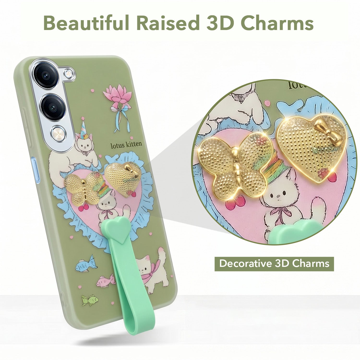 For Vivo iQOO Z10 Lite Back Cover Case (3D Cute Heart Strap Holder | Camera Protection | Designer Girls Print)