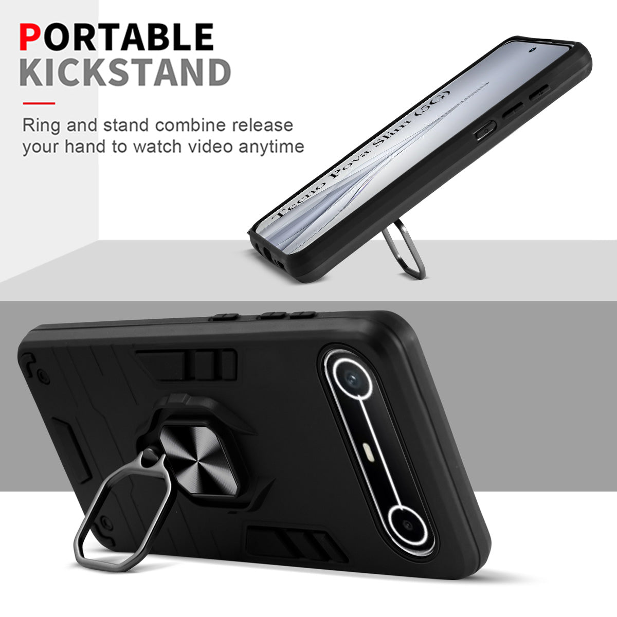 For Tecno Pova Slim Back Cover Case Hybrid Armor (Shockproof Dual Layer Polycarbonate |Ring Holder Kickstand)