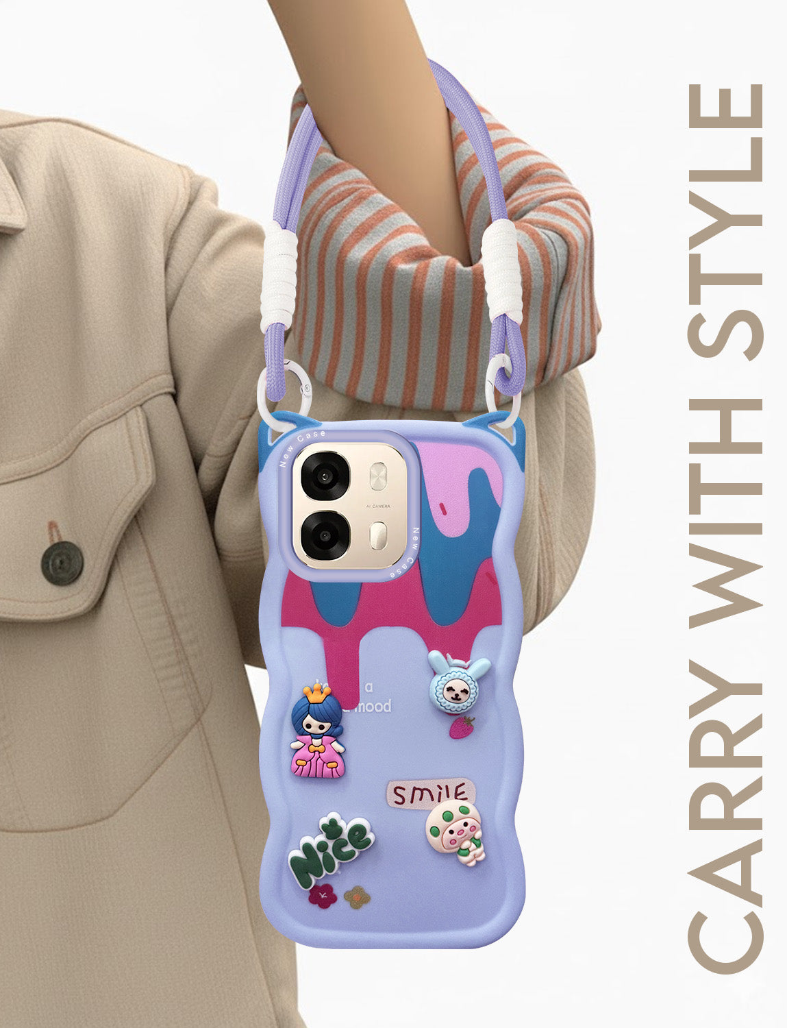 For Oppo A6 Pro Back Case Cover Strap (3D Embossed Figures | Strap Holder | 360* Soft Cushion with Camera Bump)