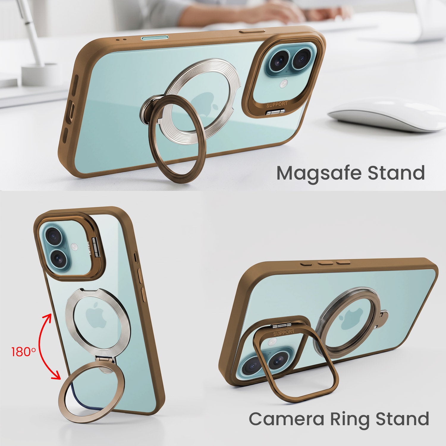 For Apple iPhone 16 Back Cover Case Crystal (Lifetime Anti Yellow | Magnetic Ring Stand | Camera Lens Protection | MagSafe Compatible)
