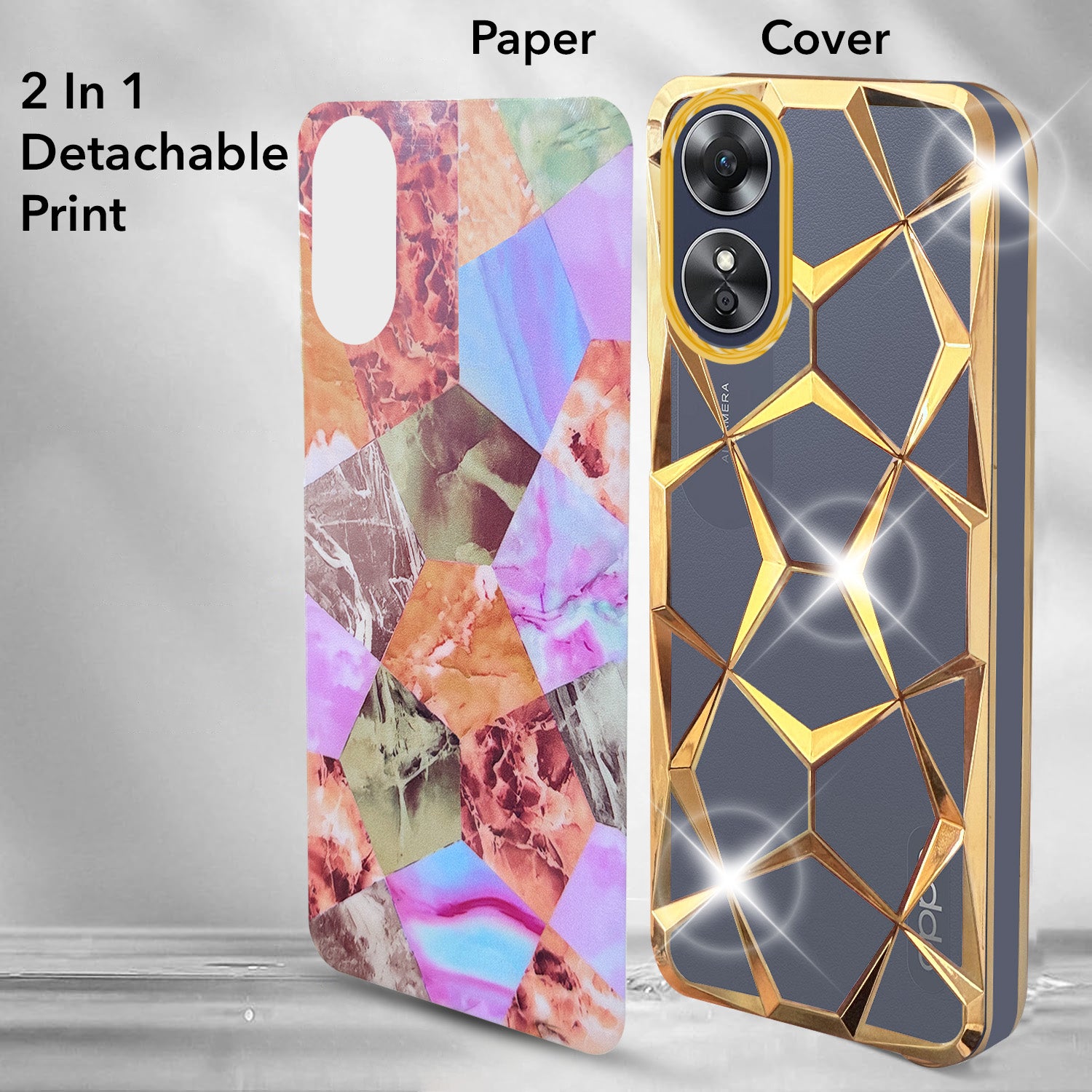 For Oppo A17 Back Cover Case Compatible 3D Silicone (Dual Design Glitter Sparkle and Detachable Diamond Print Case | Soft and Flexible)
